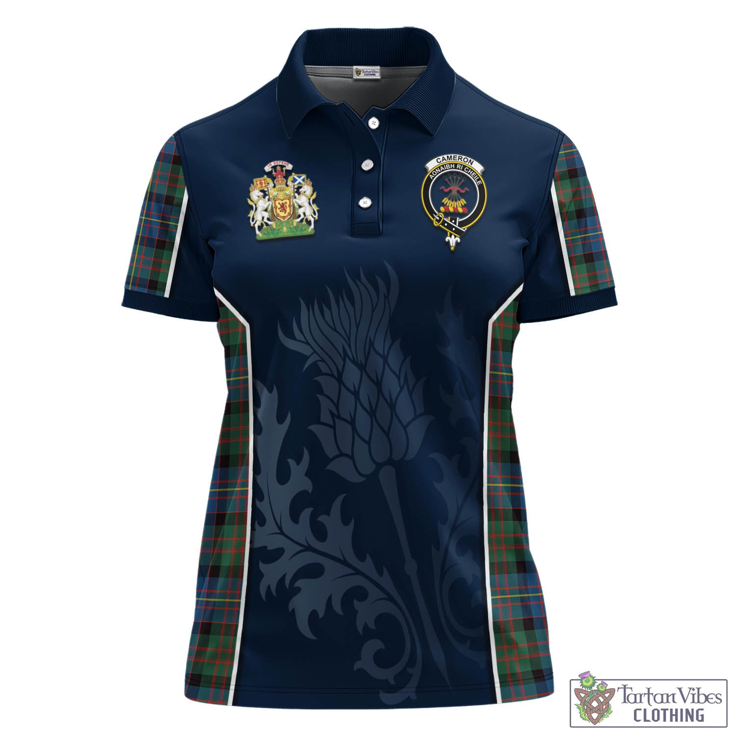 Tartan Vibes Clothing Cameron of Erracht Ancient Tartan Women's Polo Shirt with Family Crest and Scottish Thistle Vibes Sport Style