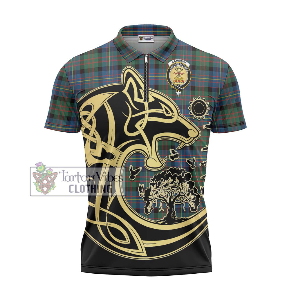 Cameron of Erracht Ancient Tartan Zipper Polo Shirt with Family Crest Celtic Wolf Style - Tartanvibesclothing Shop