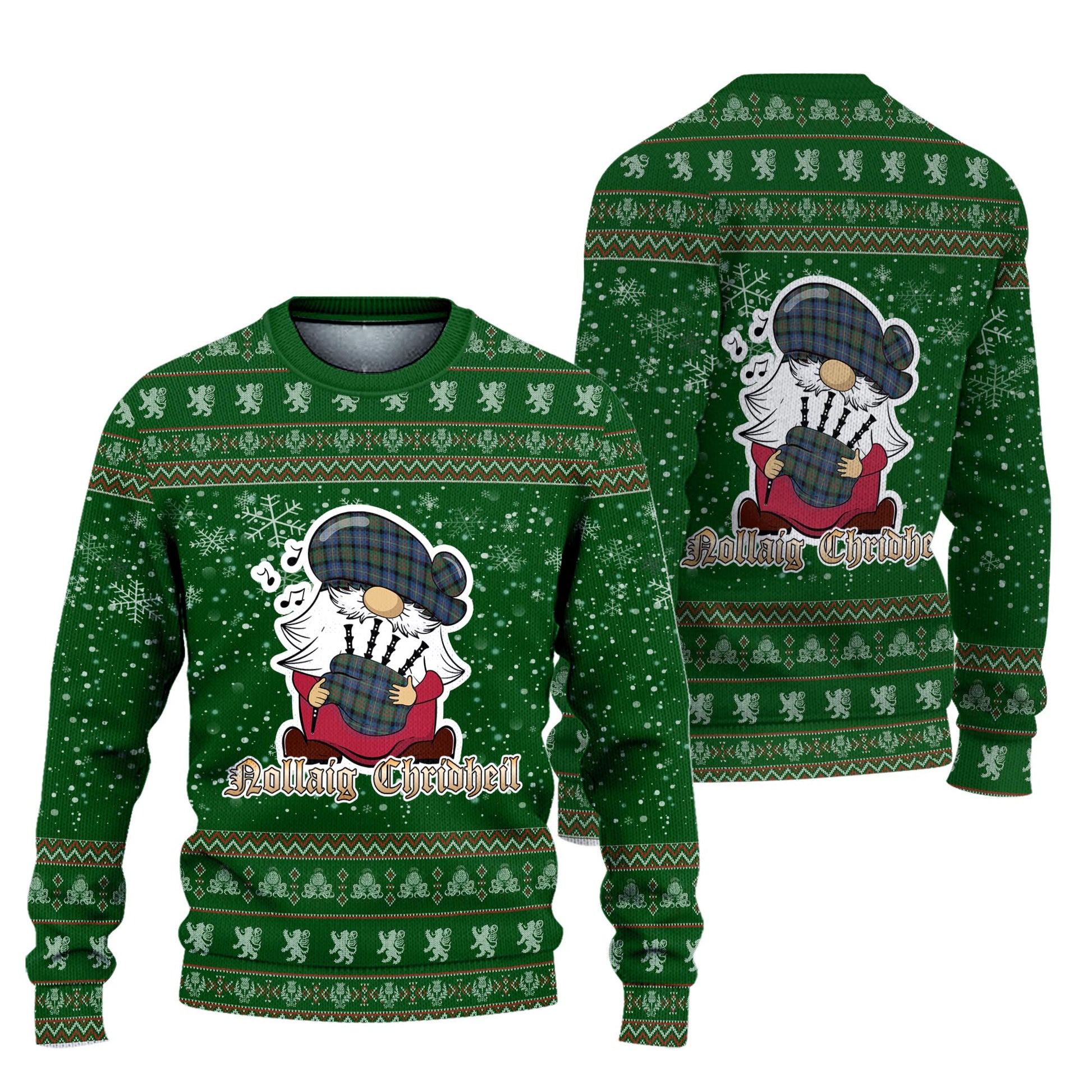 Cameron of Erracht Ancient Clan Christmas Family Knitted Sweater with Funny Gnome Playing Bagpipes Unisex Green - Tartanvibesclothing