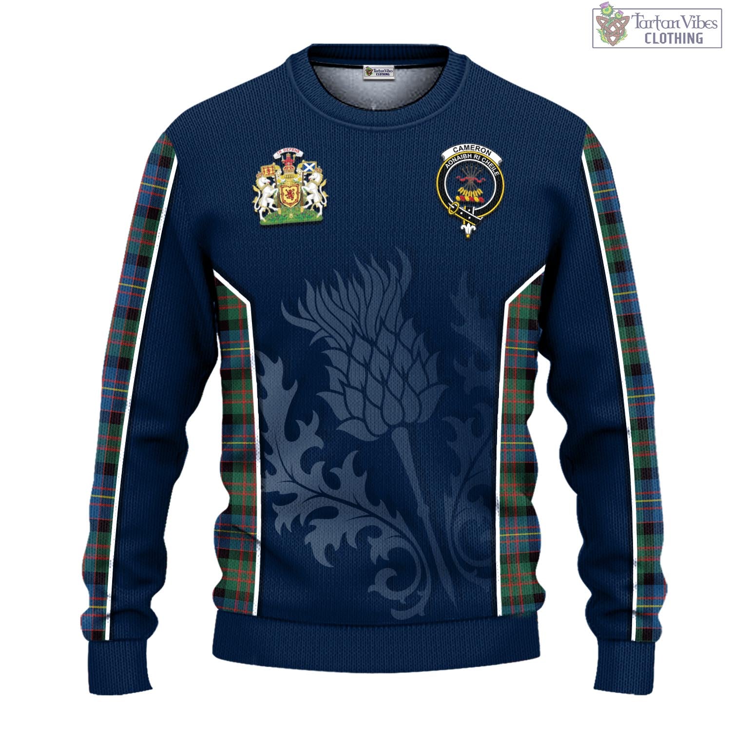 Tartan Vibes Clothing Cameron of Erracht Ancient Tartan Knitted Sweatshirt with Family Crest and Scottish Thistle Vibes Sport Style