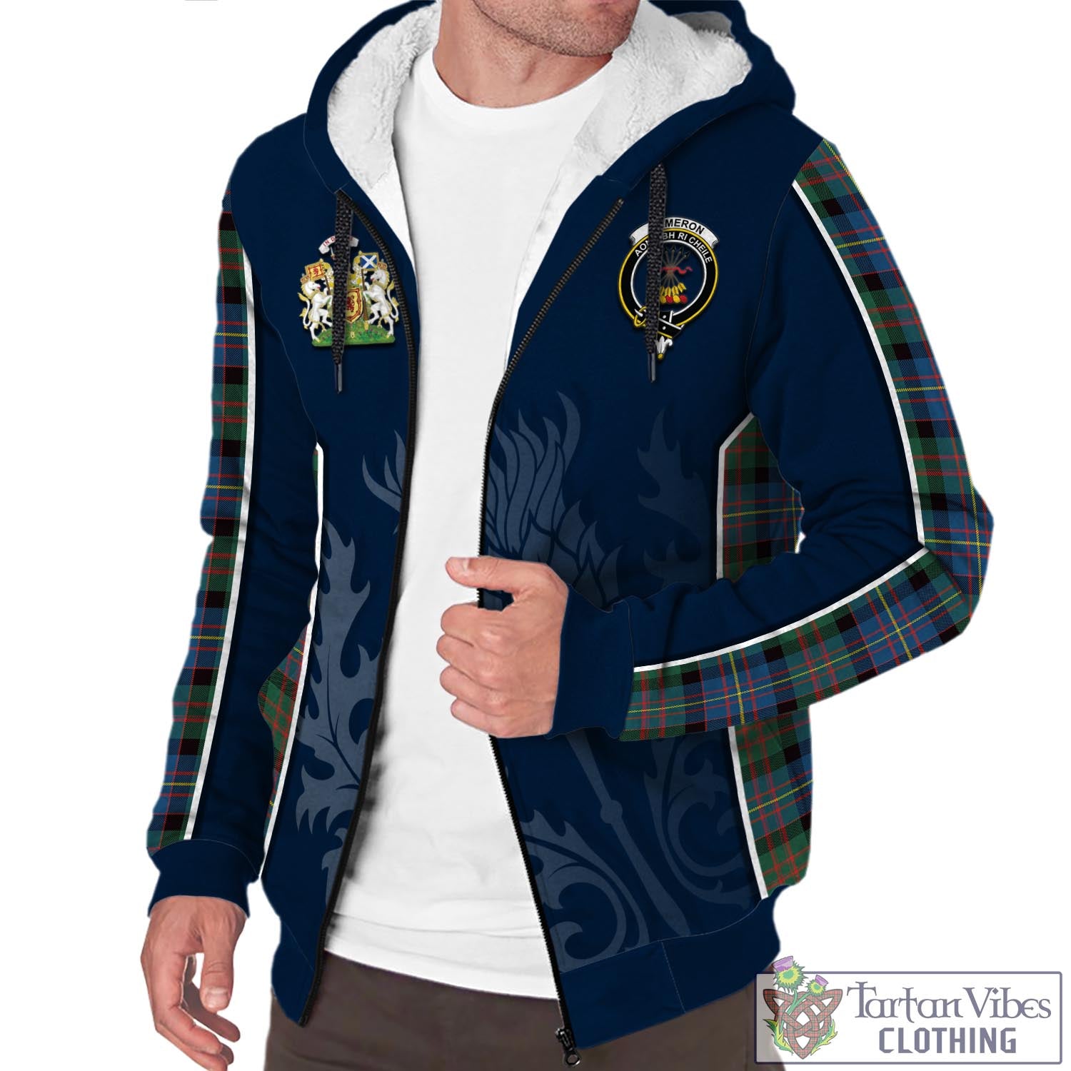 Tartan Vibes Clothing Cameron of Erracht Ancient Tartan Sherpa Hoodie with Family Crest and Scottish Thistle Vibes Sport Style