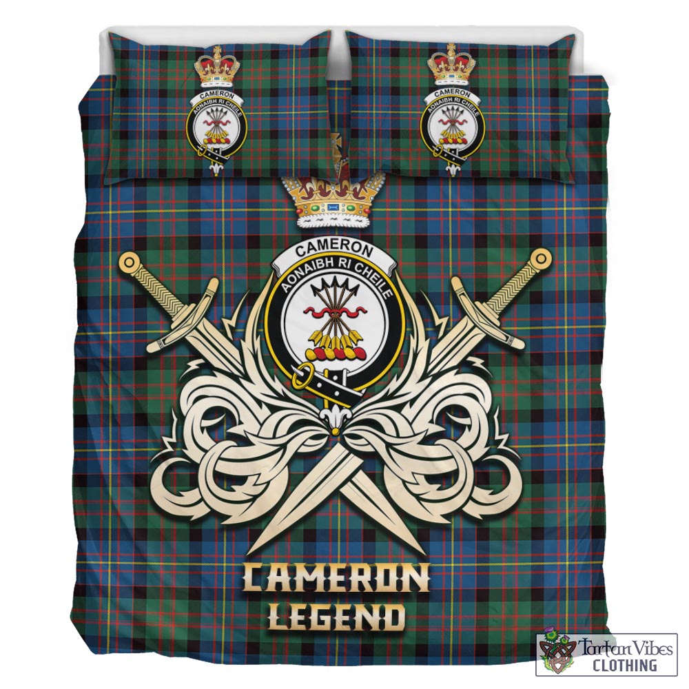 Tartan Vibes Clothing Cameron of Erracht Ancient Tartan Bedding Set with Clan Crest and the Golden Sword of Courageous Legacy