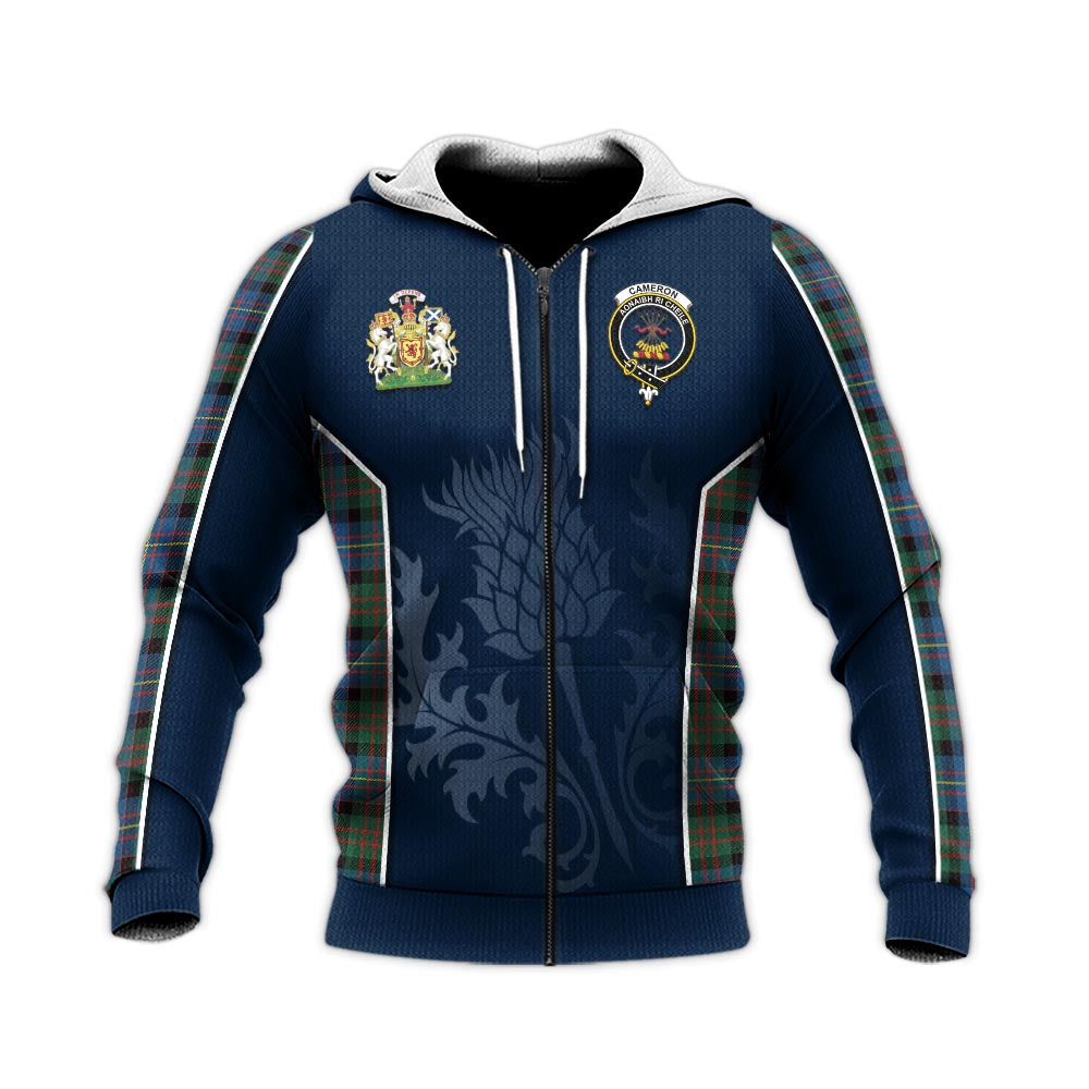 Tartan Vibes Clothing Cameron of Erracht Ancient Tartan Knitted Hoodie with Family Crest and Scottish Thistle Vibes Sport Style