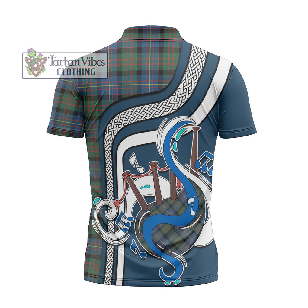 Cameron of Erracht Ancient Tartan Zipper Polo Shirt with Epic Bagpipe Style - Tartanvibesclothing Shop