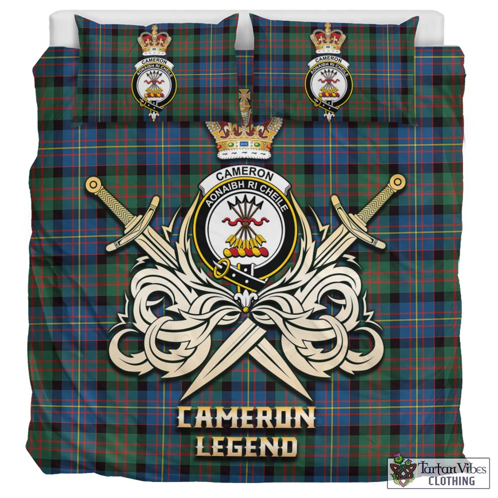 Tartan Vibes Clothing Cameron of Erracht Ancient Tartan Bedding Set with Clan Crest and the Golden Sword of Courageous Legacy