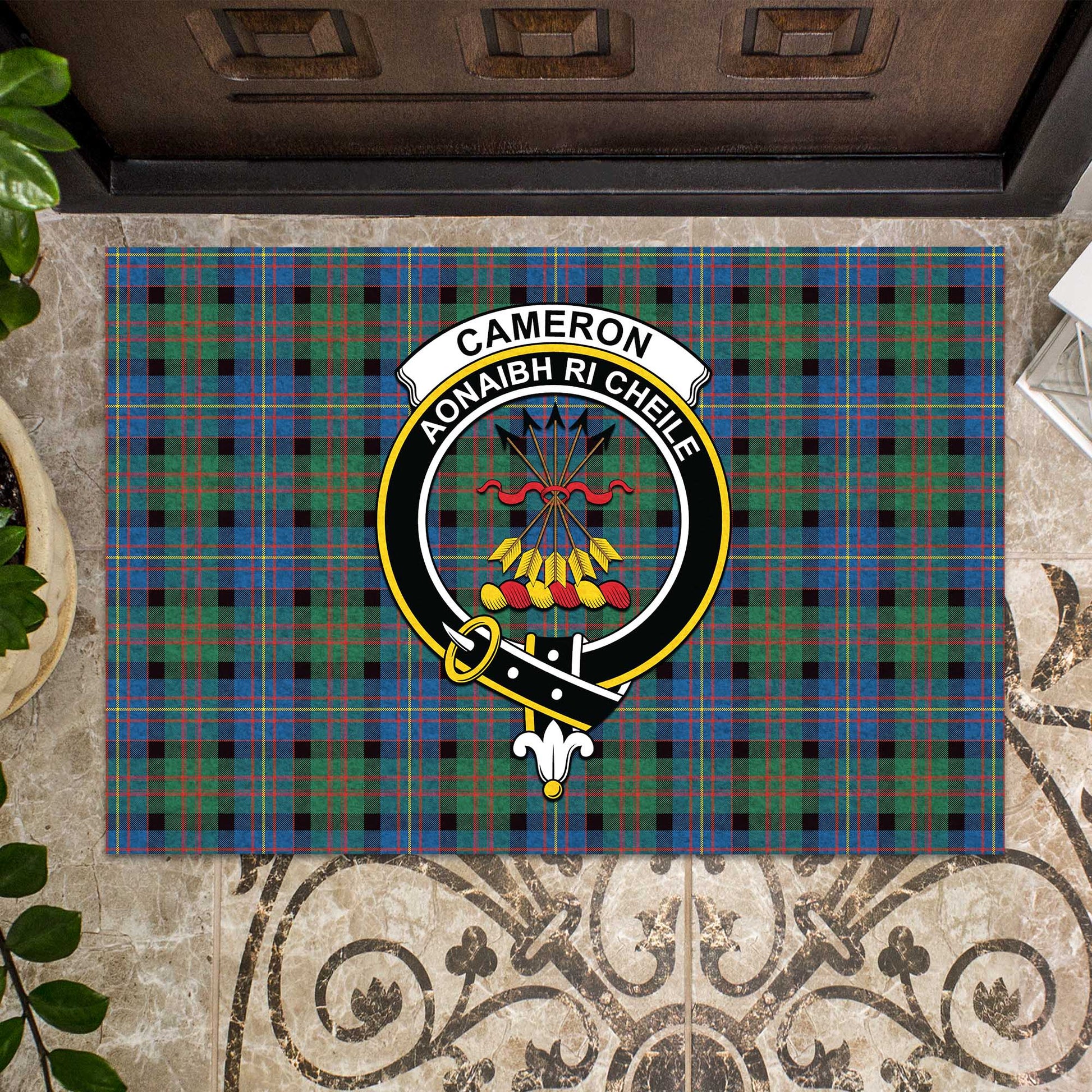 Cameron of Erracht Ancient Tartan Door Mat with Family Crest - Tartanvibesclothing