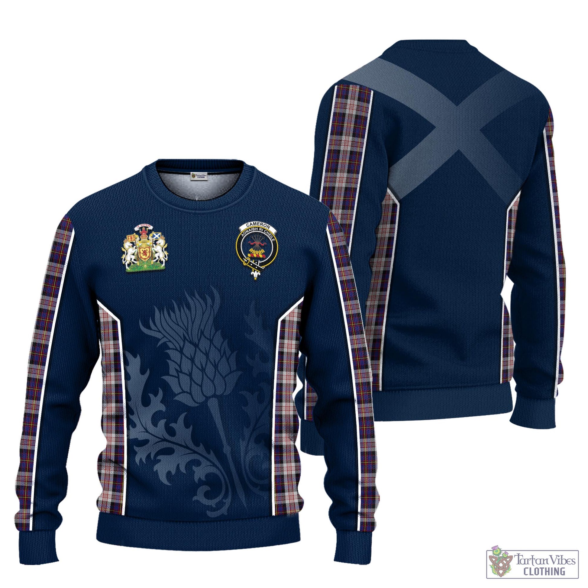 Tartan Vibes Clothing Cameron of Erracht Dress Tartan Knitted Sweatshirt with Family Crest and Scottish Thistle Vibes Sport Style