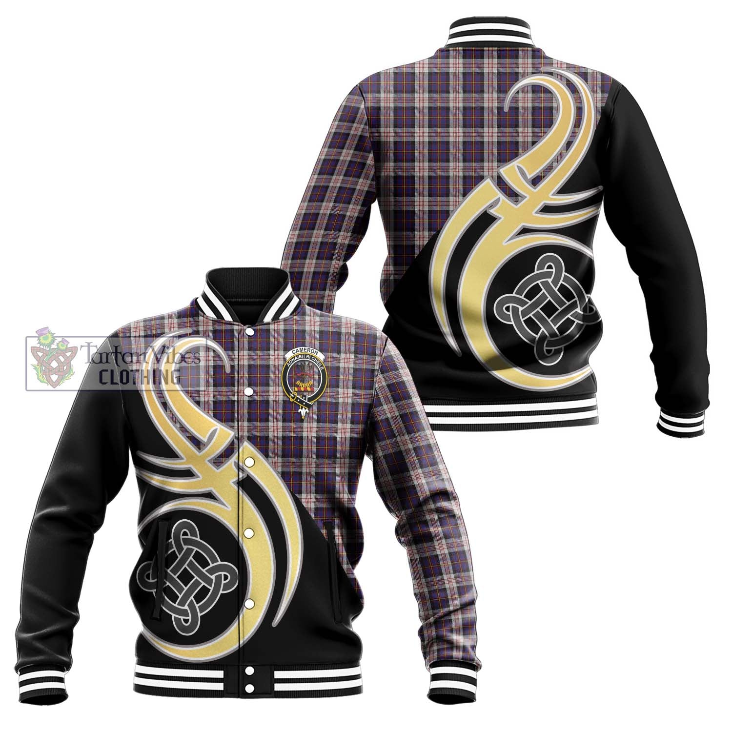 Cameron of Erracht Dress Tartan Baseball Jacket with Family Crest and Celtic Symbol Style Unisex - Tartan Vibes Clothing