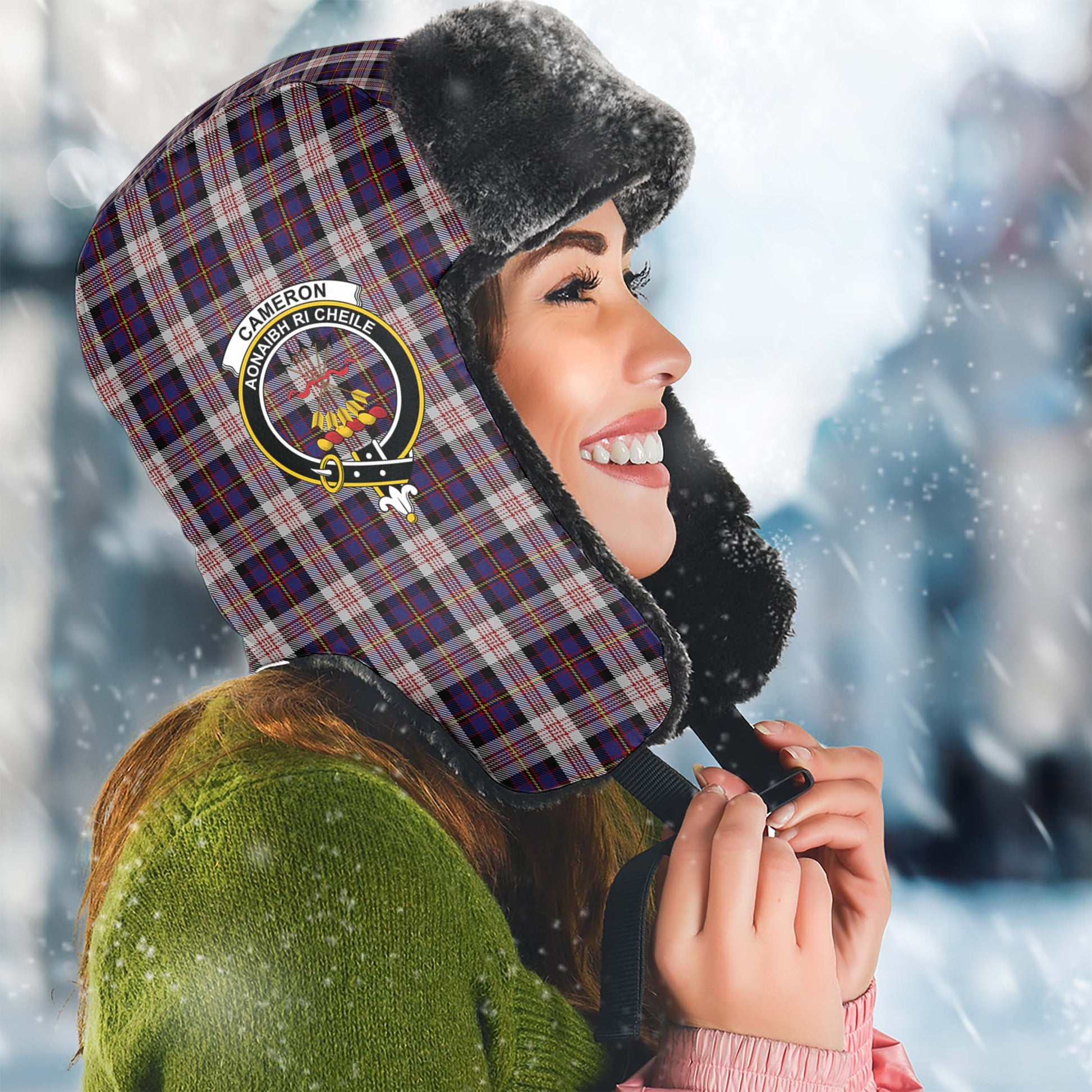 Cameron of Erracht Dress Tartan Winter Trapper Hat with Family Crest Winter Trapper Hat Universal Fit Circumference 22.8in (58cm) - Tartanvibesclothing