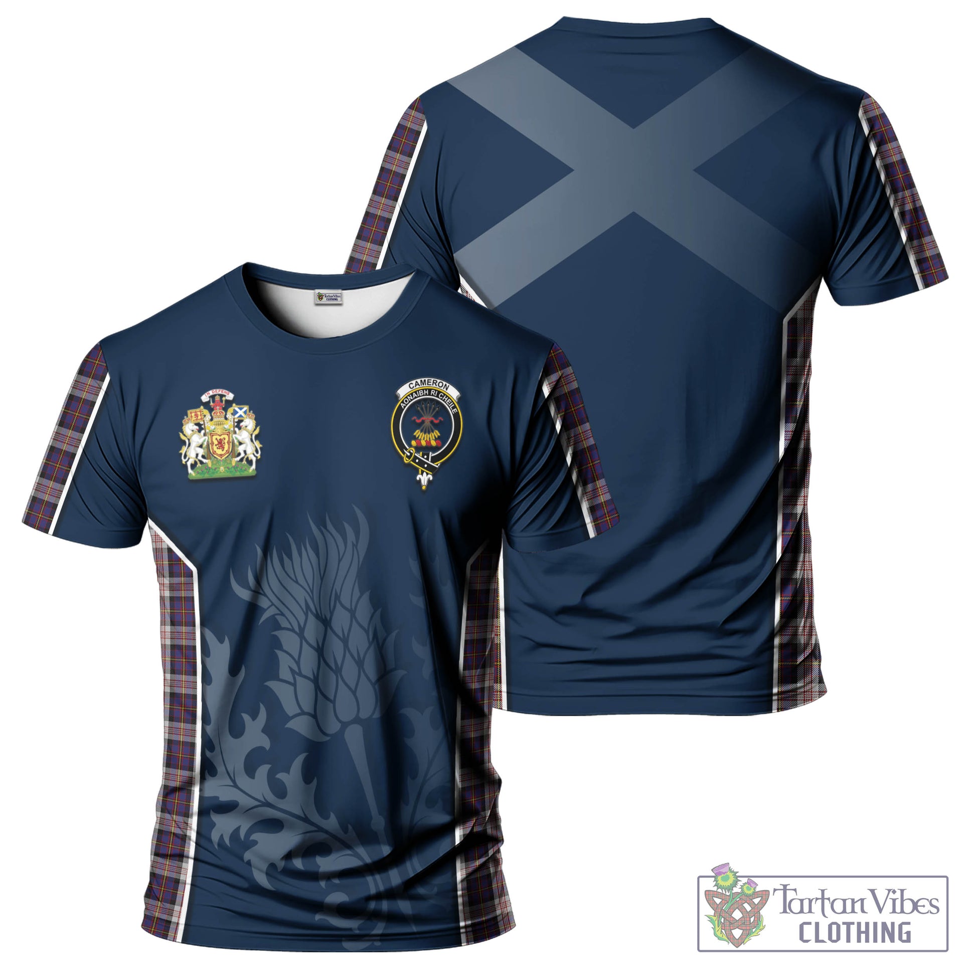 Tartan Vibes Clothing Cameron of Erracht Dress Tartan T-Shirt with Family Crest and Scottish Thistle Vibes Sport Style