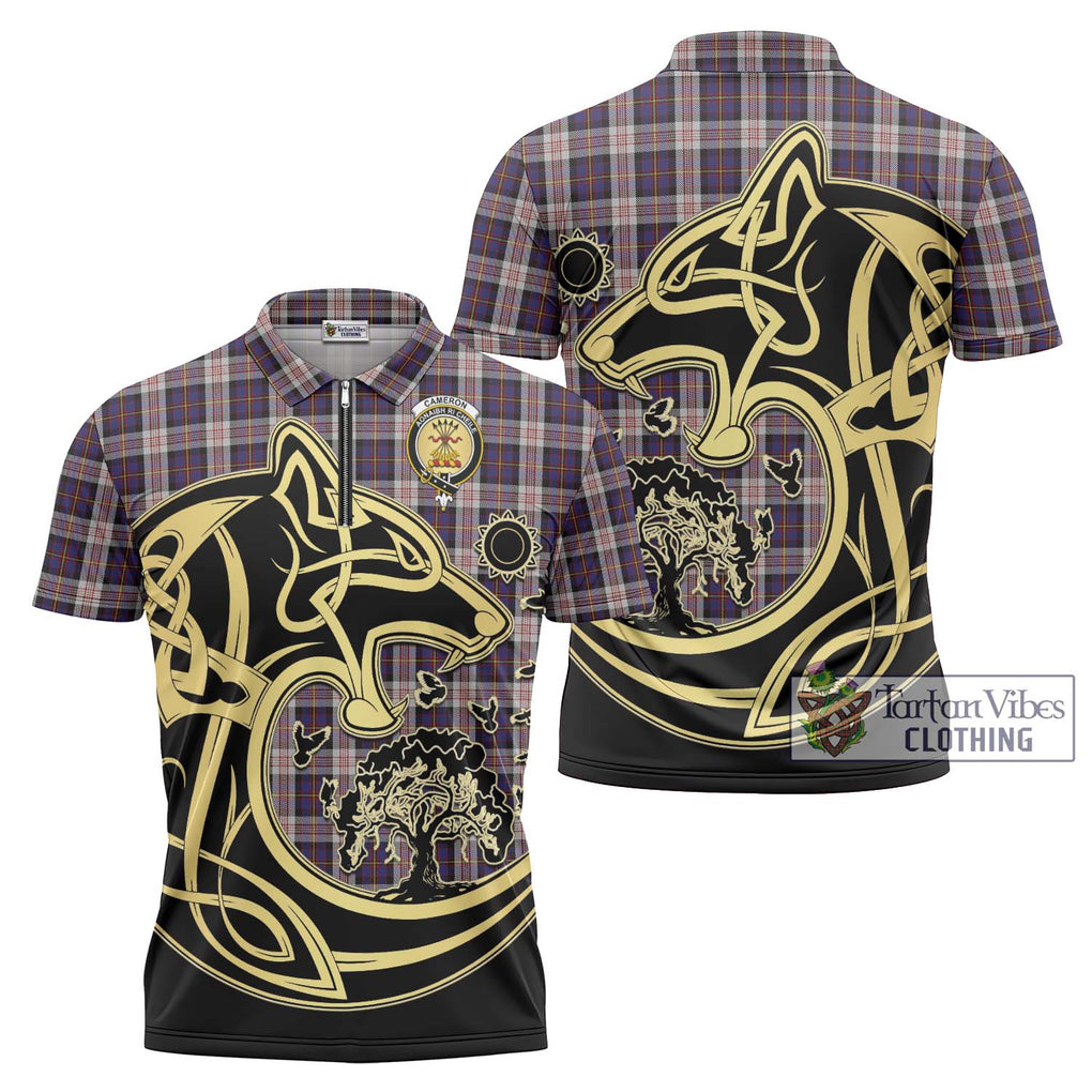 Cameron of Erracht Dress Tartan Zipper Polo Shirt with Family Crest Celtic Wolf Style Unisex - Tartanvibesclothing Shop