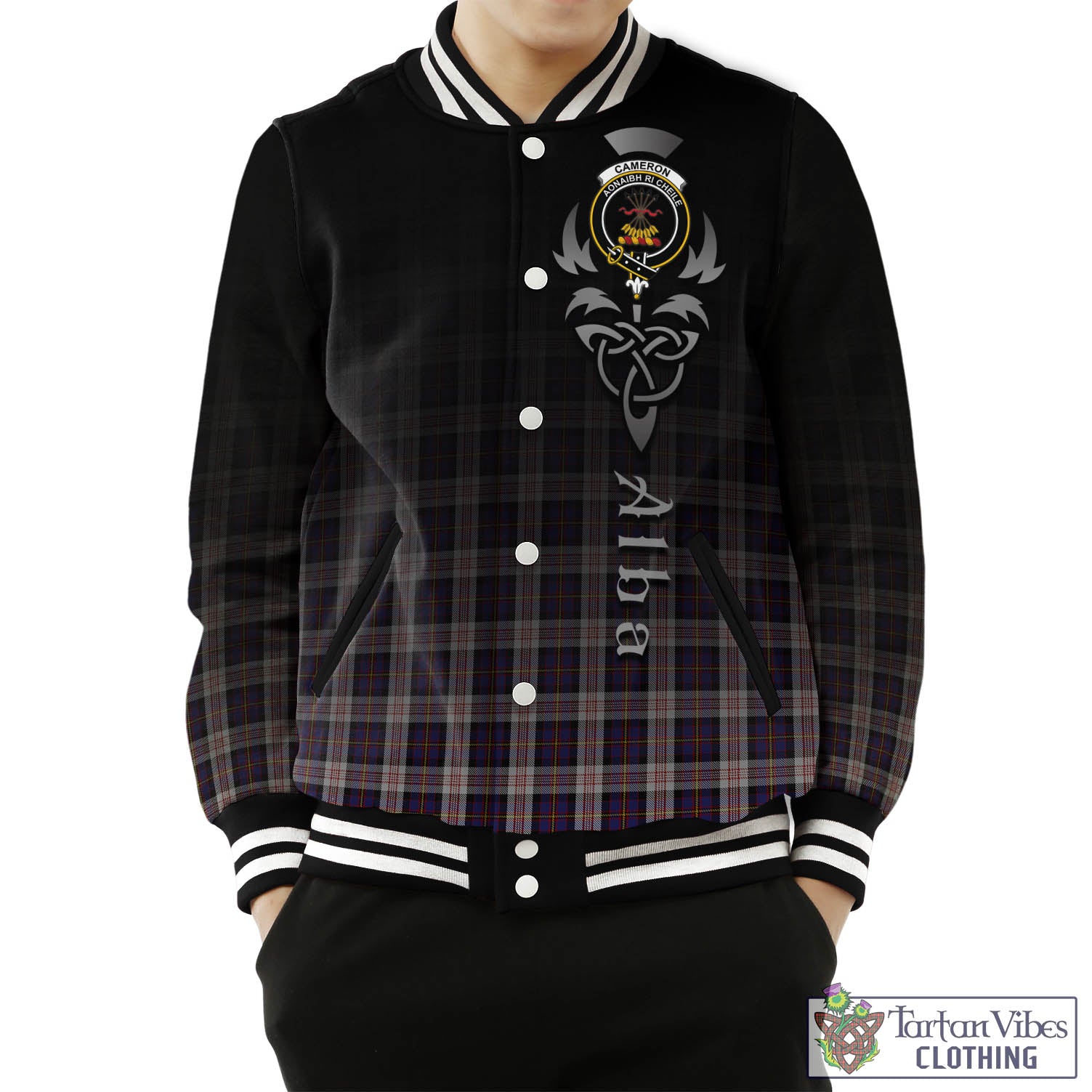 Tartan Vibes Clothing Cameron of Erracht Dress Tartan Baseball Jacket Featuring Alba Gu Brath Family Crest Celtic Inspired