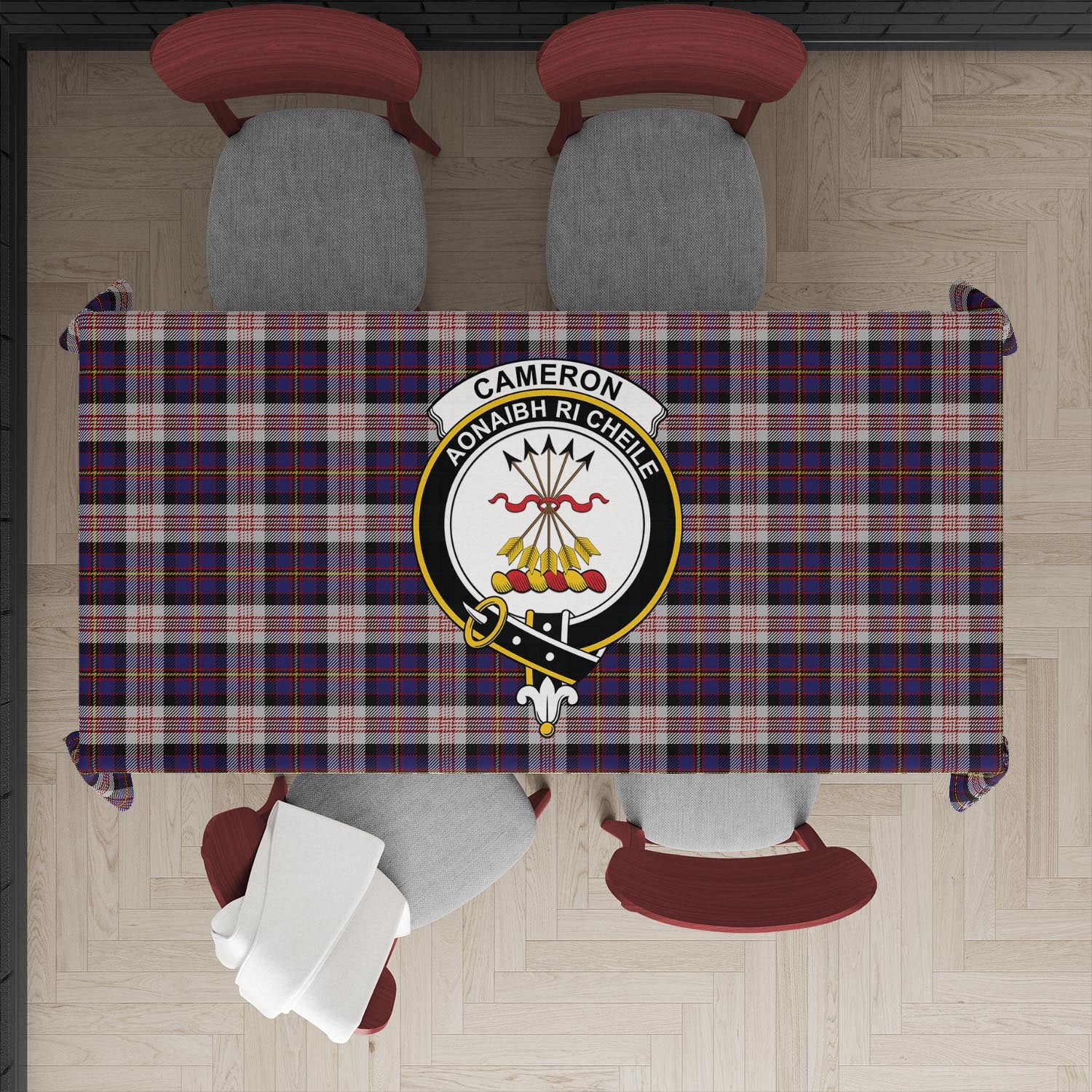 cameron-of-erracht-dress-tatan-tablecloth-with-family-crest