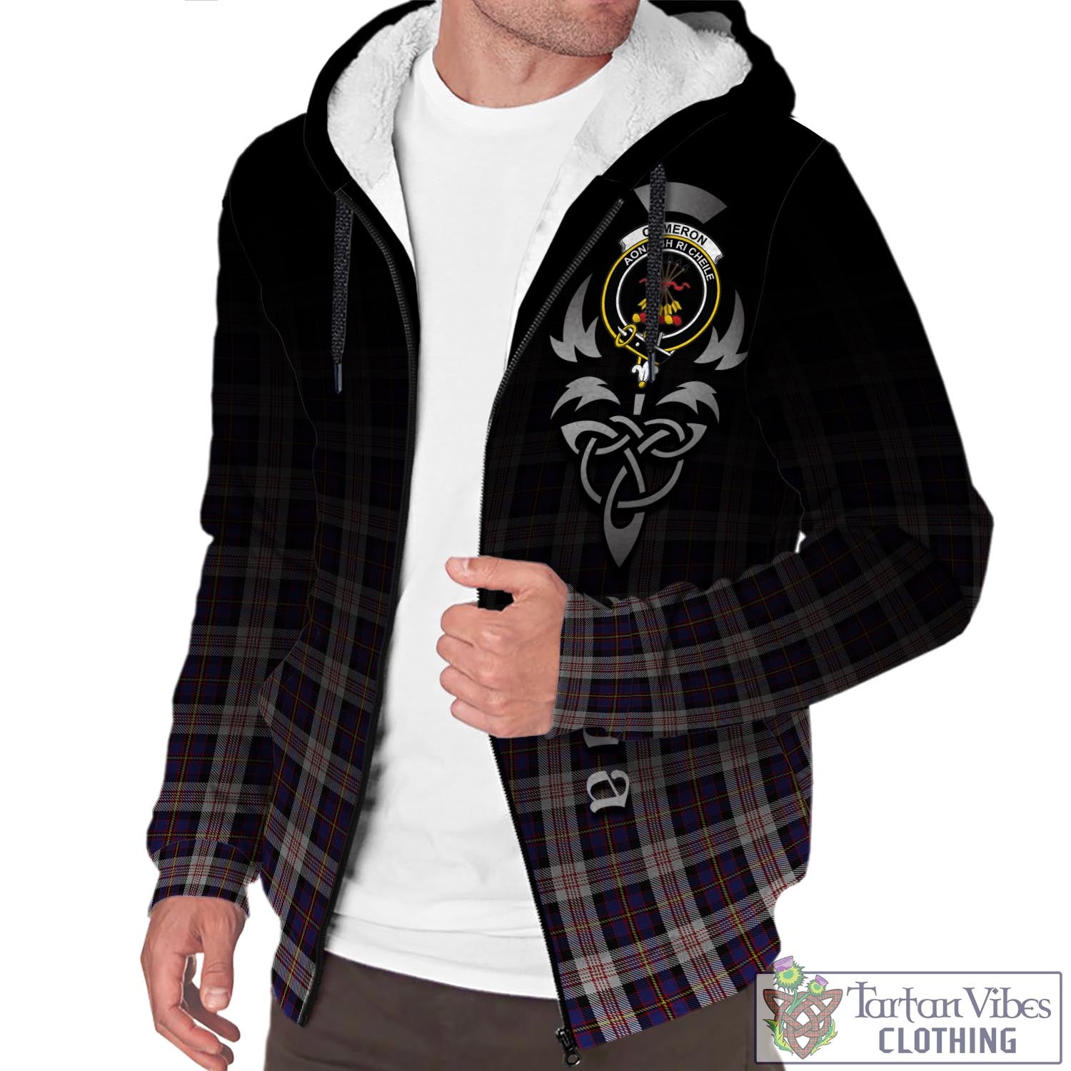 Tartan Vibes Clothing Cameron of Erracht Dress Tartan Sherpa Hoodie Featuring Alba Gu Brath Family Crest Celtic Inspired