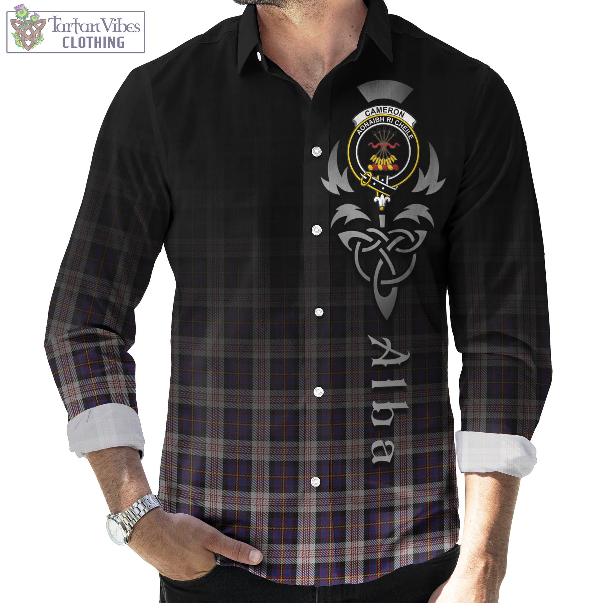 Tartan Vibes Clothing Cameron of Erracht Dress Tartan Long Sleeve Button Up Featuring Alba Gu Brath Family Crest Celtic Inspired