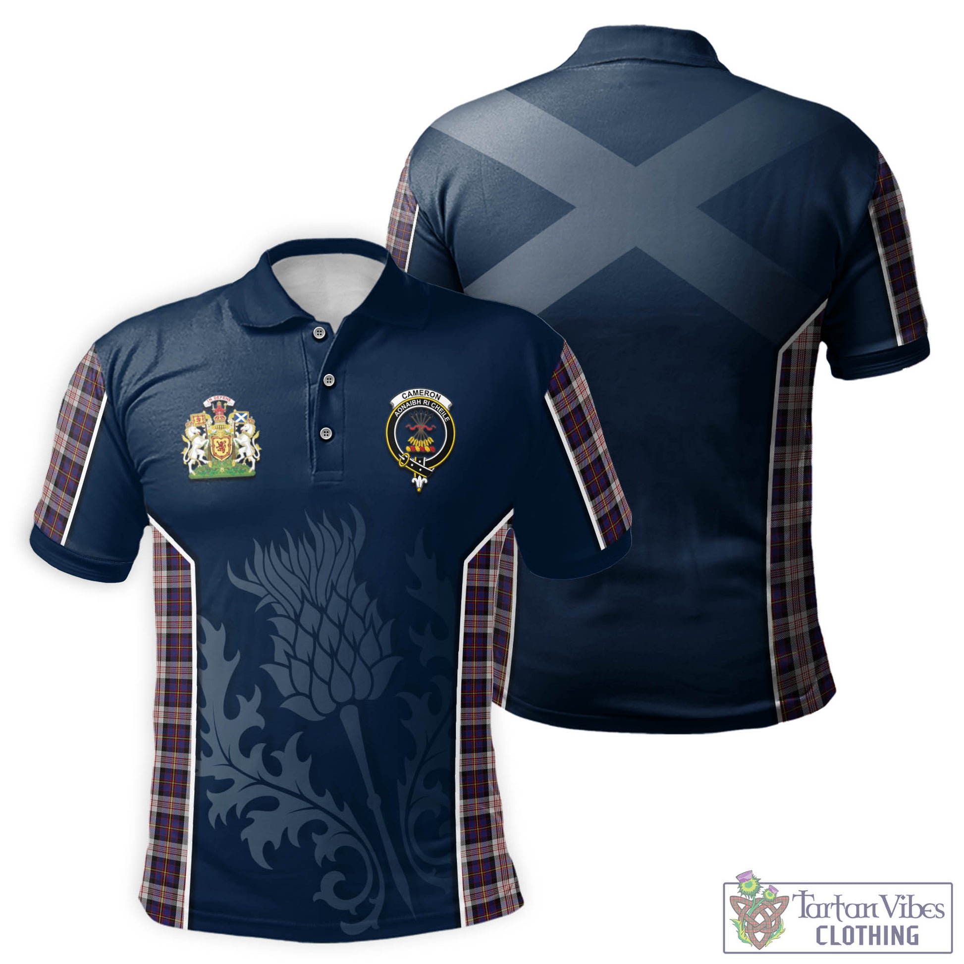 Tartan Vibes Clothing Cameron of Erracht Dress Tartan Men's Polo Shirt with Family Crest and Scottish Thistle Vibes Sport Style