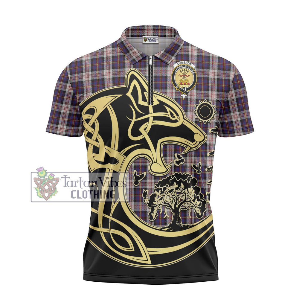 Cameron of Erracht Dress Tartan Zipper Polo Shirt with Family Crest Celtic Wolf Style - Tartanvibesclothing Shop