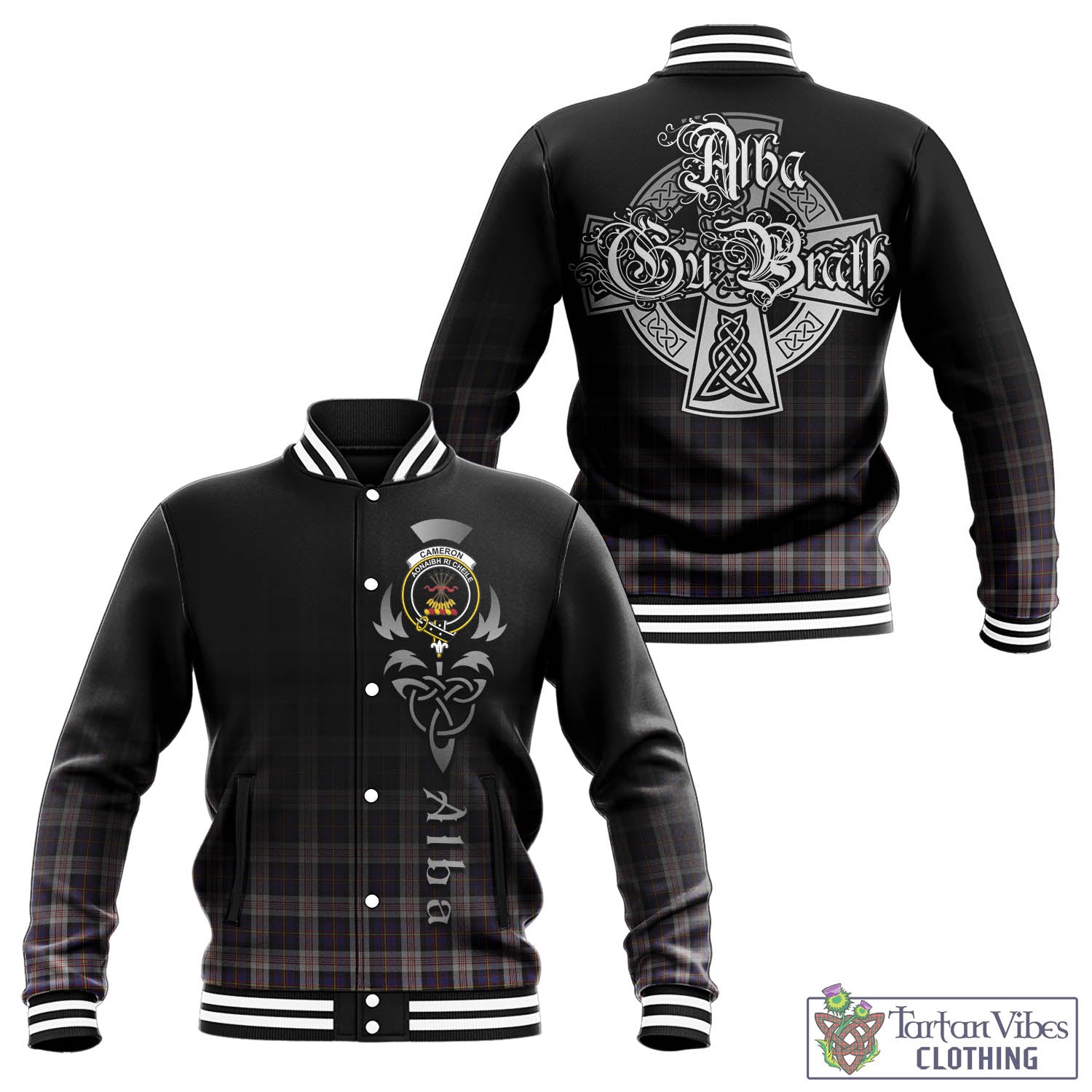 Tartan Vibes Clothing Cameron of Erracht Dress Tartan Baseball Jacket Featuring Alba Gu Brath Family Crest Celtic Inspired