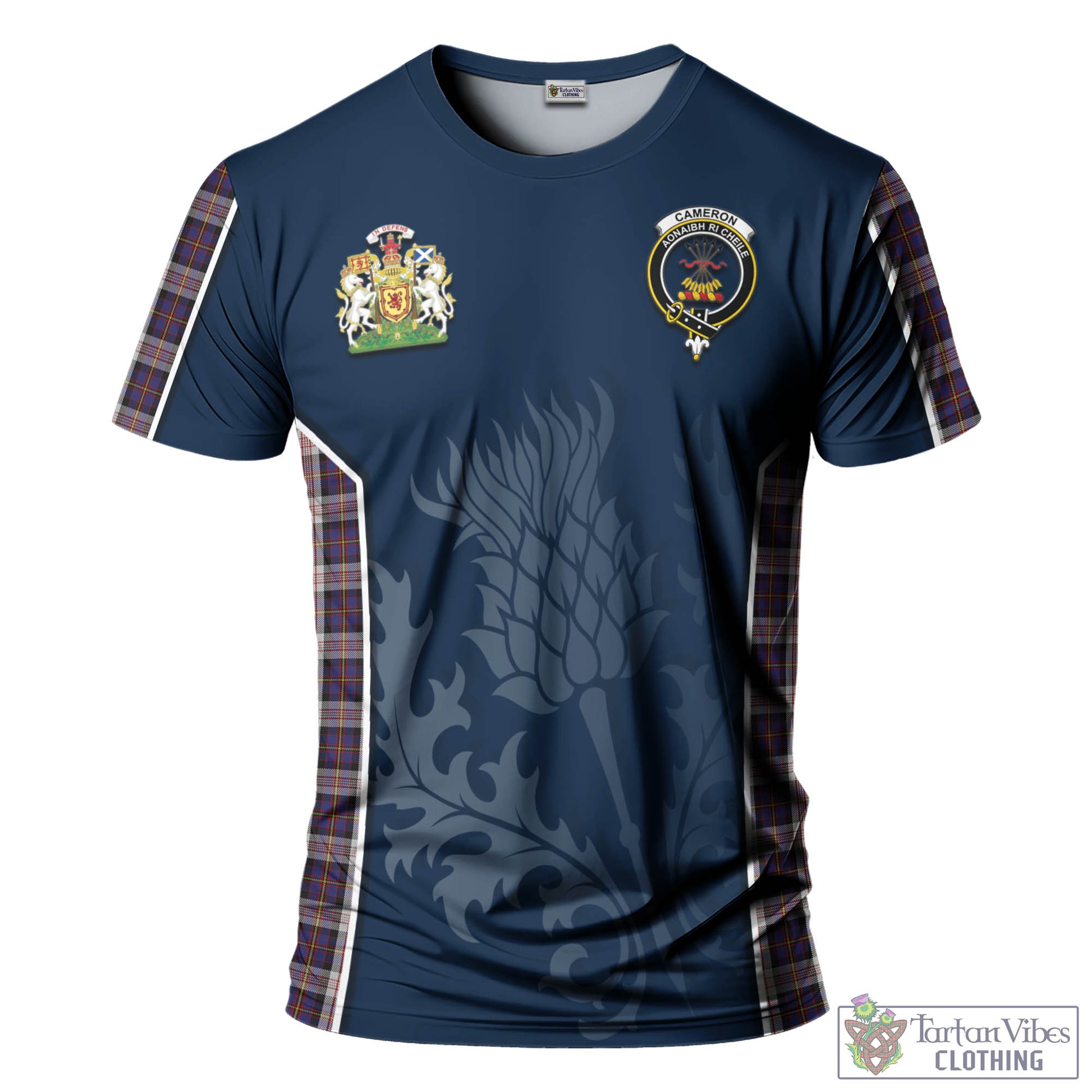 Tartan Vibes Clothing Cameron of Erracht Dress Tartan T-Shirt with Family Crest and Scottish Thistle Vibes Sport Style