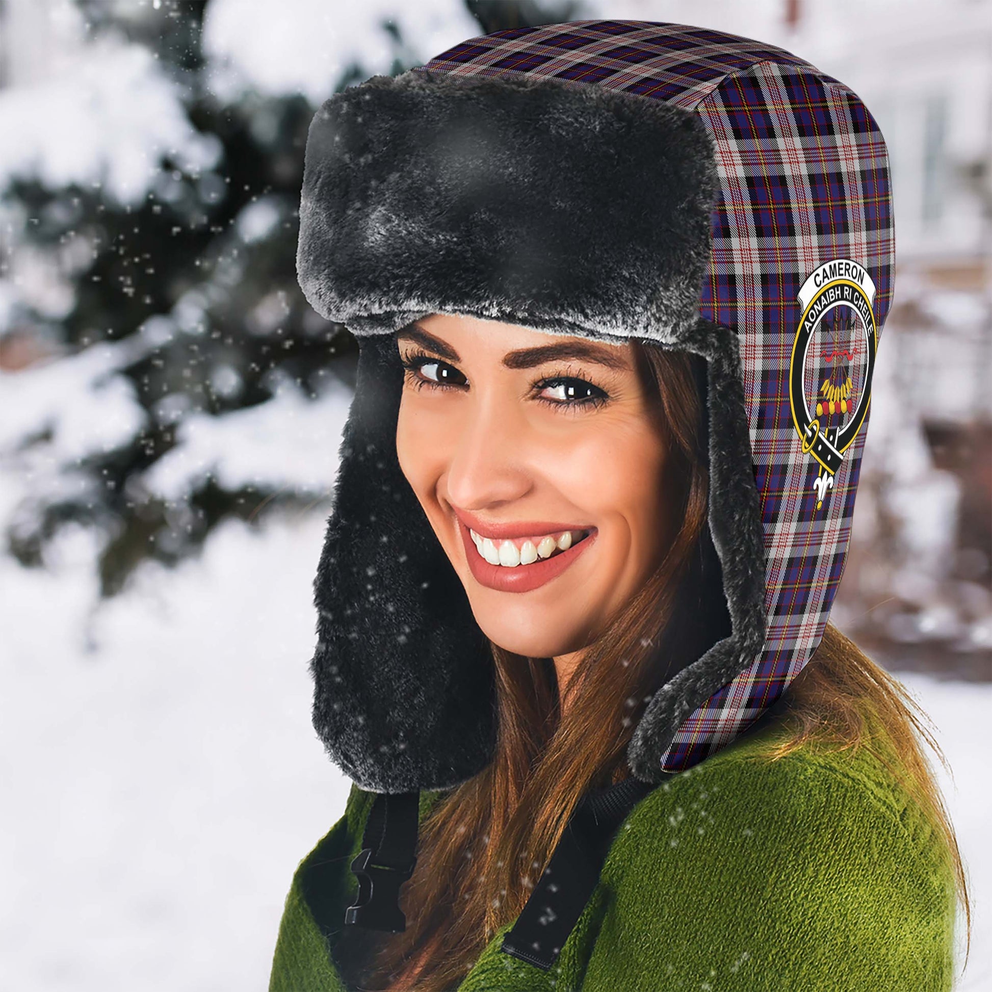 Cameron of Erracht Dress Tartan Winter Trapper Hat with Family Crest - Tartanvibesclothing