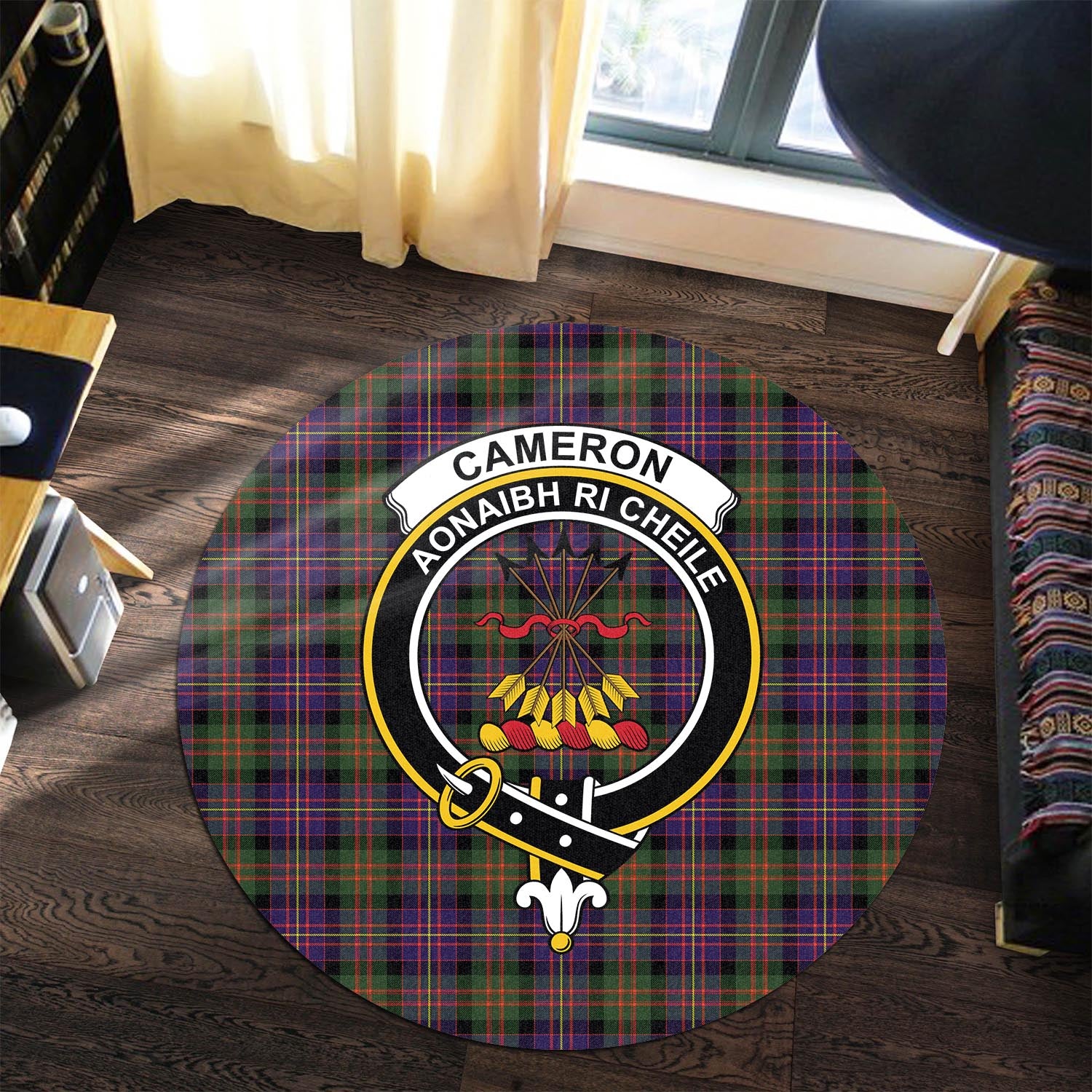 Cameron of Erracht Modern Tartan Round Rug with Family Crest - Tartanvibesclothing