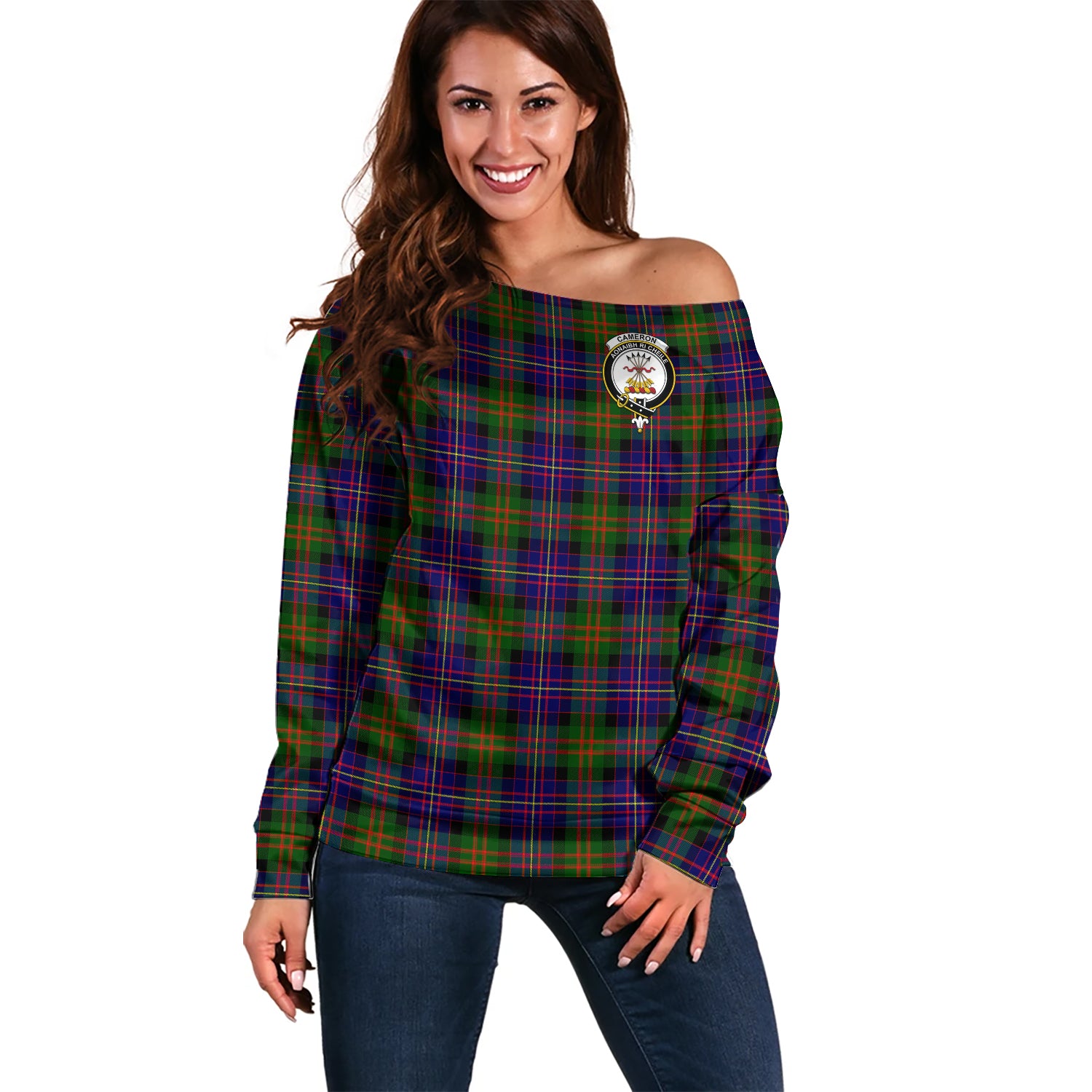 Cameron of Erracht Modern Tartan Off Shoulder Women Sweater with Family Crest Women - Tartanvibesclothing