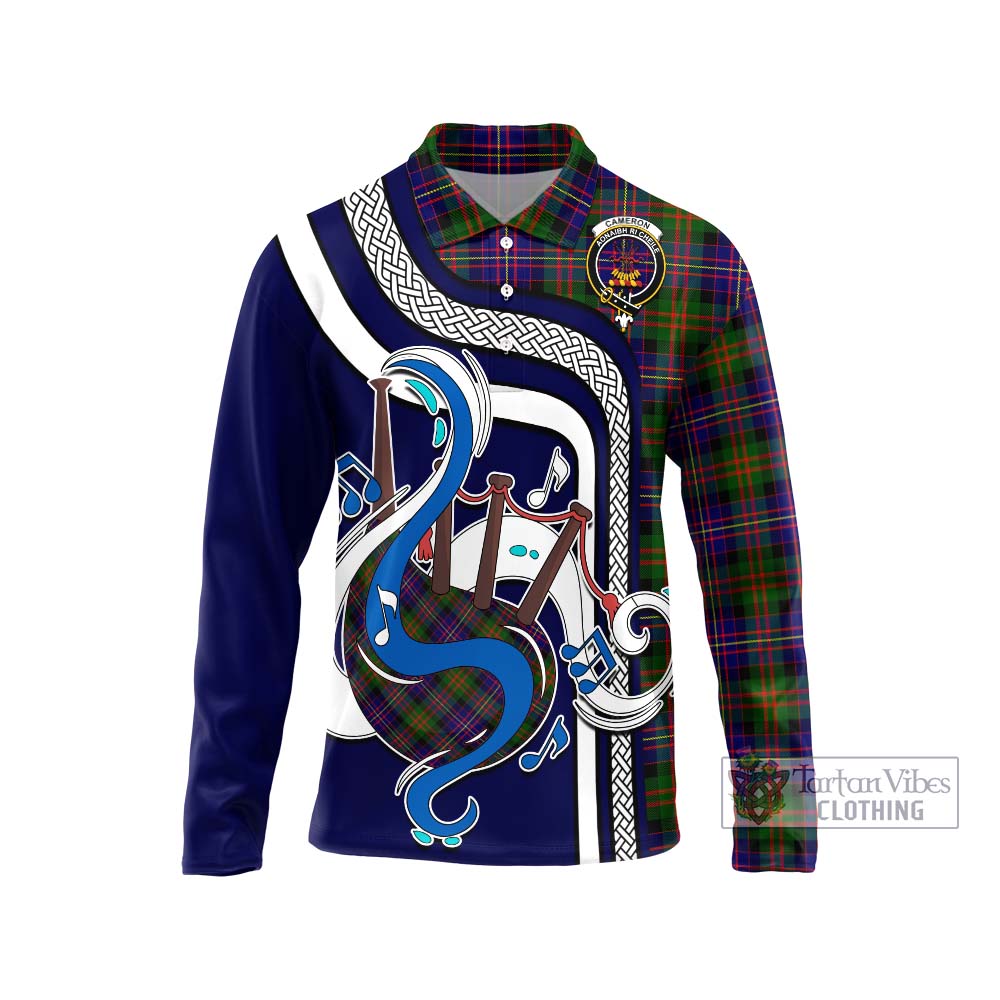 Tartan Vibes Clothing Cameron of Erracht Modern Tartan Long Sleeve Polo Shirt with Epic Bagpipe Style