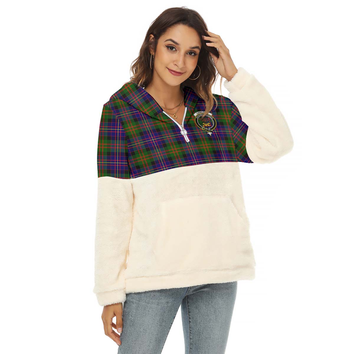 Cameron of Erracht Modern Tartan Women's Borg Fleece Hoodie With Half Zip with Family Crest Female - Tartan Vibes Clothing