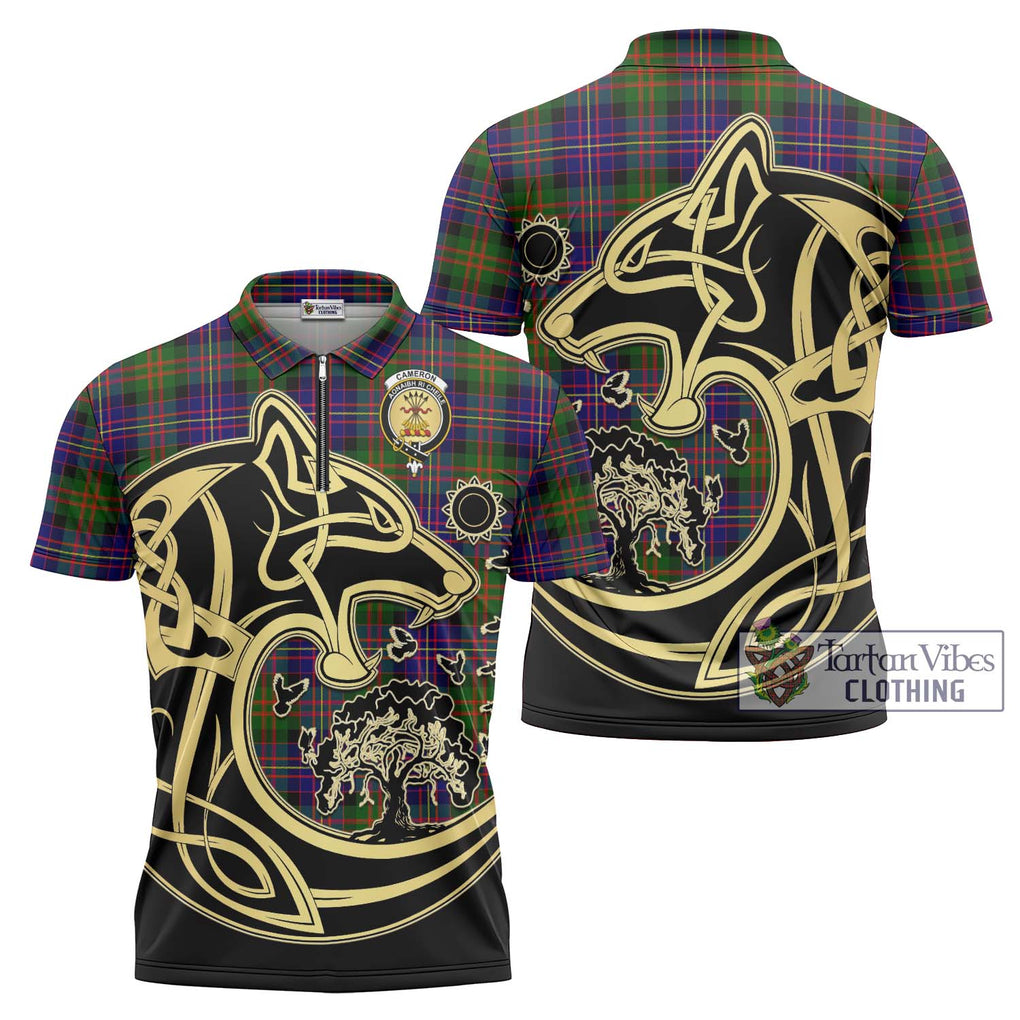 Cameron of Erracht Modern Tartan Zipper Polo Shirt with Family Crest Celtic Wolf Style Unisex - Tartanvibesclothing Shop