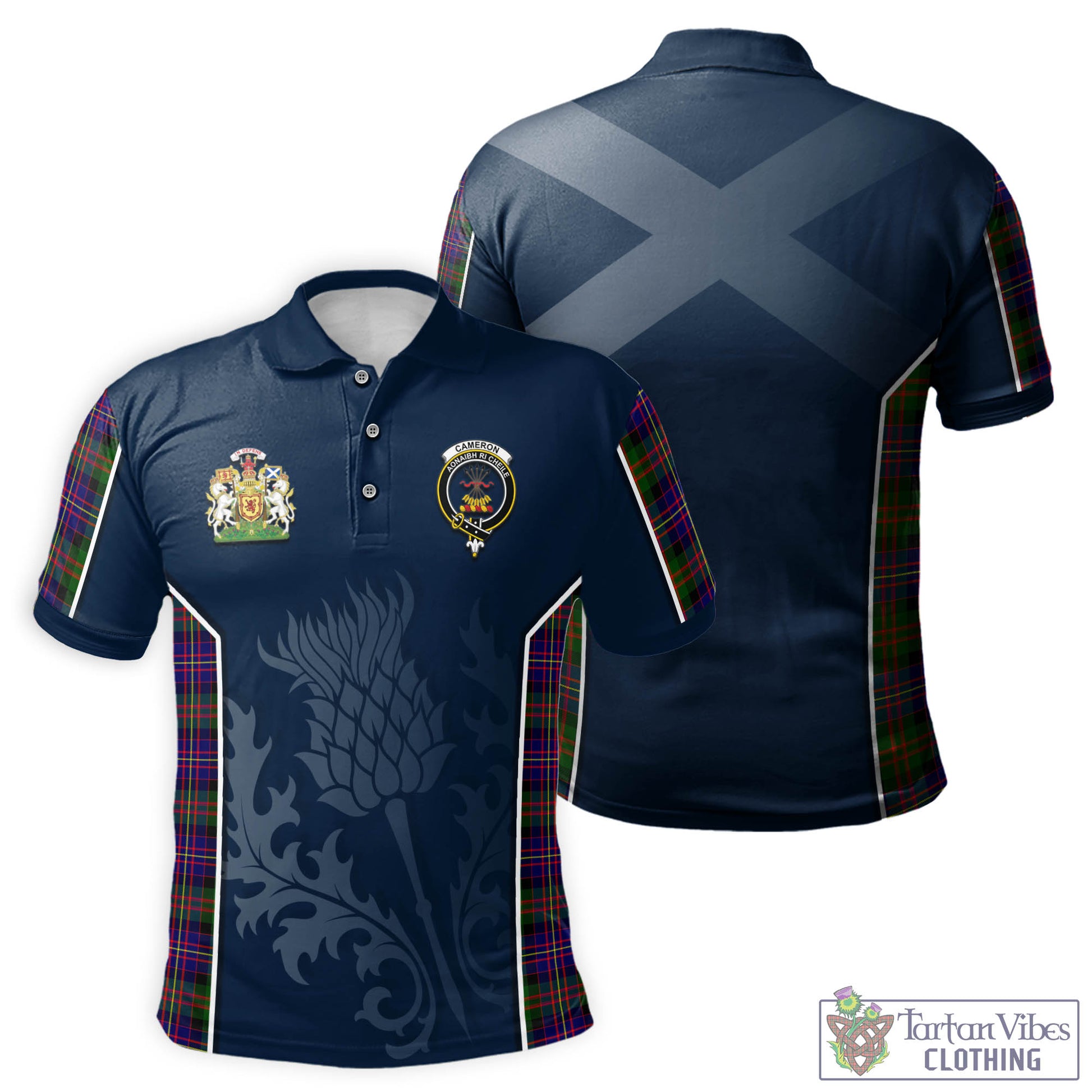 Tartan Vibes Clothing Cameron of Erracht Modern Tartan Men's Polo Shirt with Family Crest and Scottish Thistle Vibes Sport Style