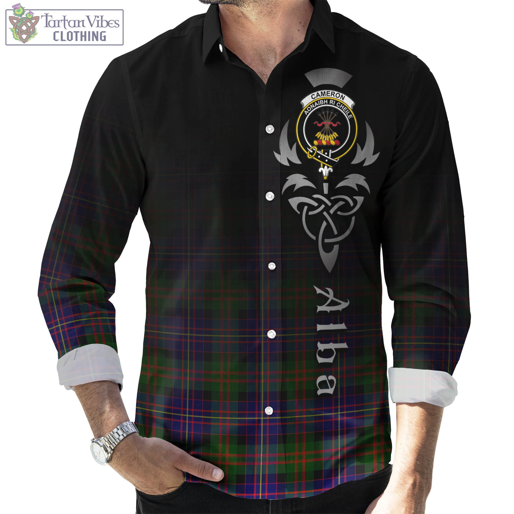 Tartan Vibes Clothing Cameron of Erracht Modern Tartan Long Sleeve Button Up Featuring Alba Gu Brath Family Crest Celtic Inspired