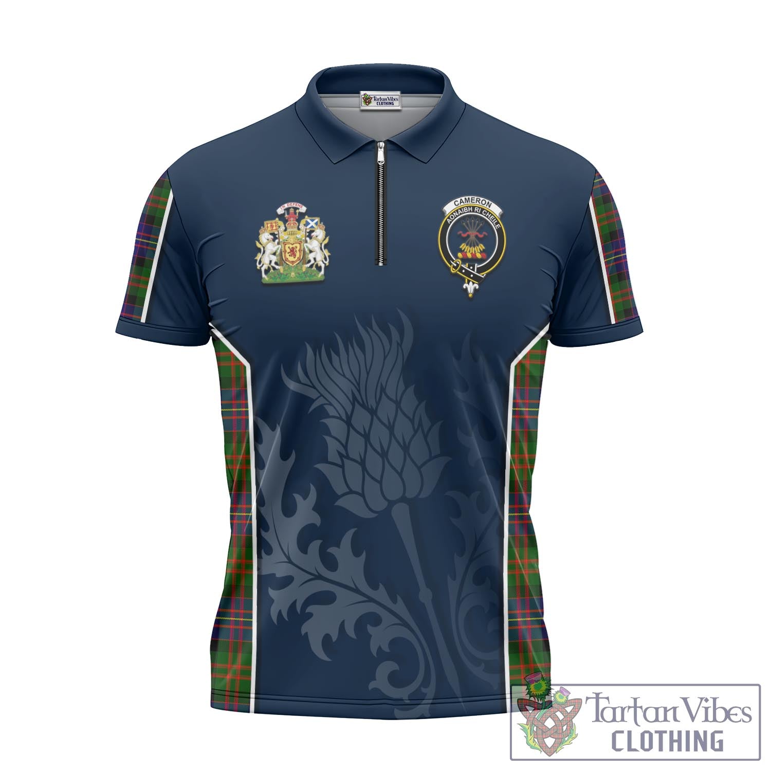 Tartan Vibes Clothing Cameron of Erracht Modern Tartan Zipper Polo Shirt with Family Crest and Scottish Thistle Vibes Sport Style