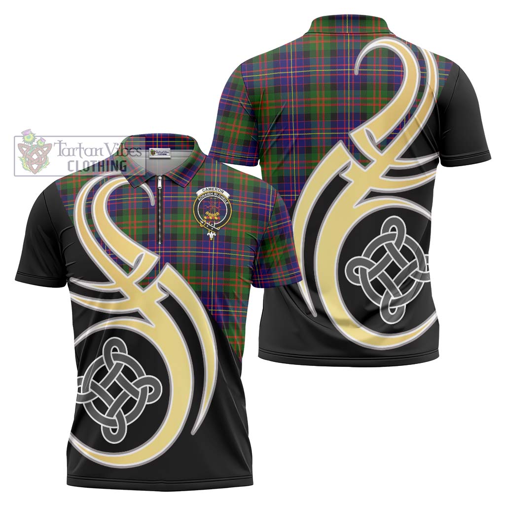 Tartan Vibes Clothing Cameron of Erracht Modern Tartan Zipper Polo Shirt with Family Crest and Celtic Symbol Style