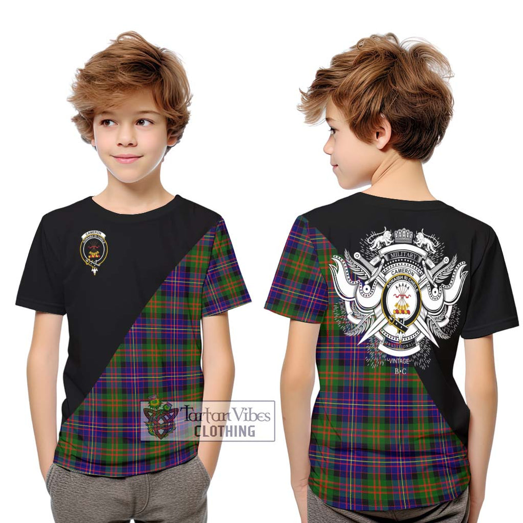 Cameron of Erracht Modern Tartan Kid T-Shirt with Family Crest and Military Logo Style Youth XL Size14 - Tartanvibesclothing Shop