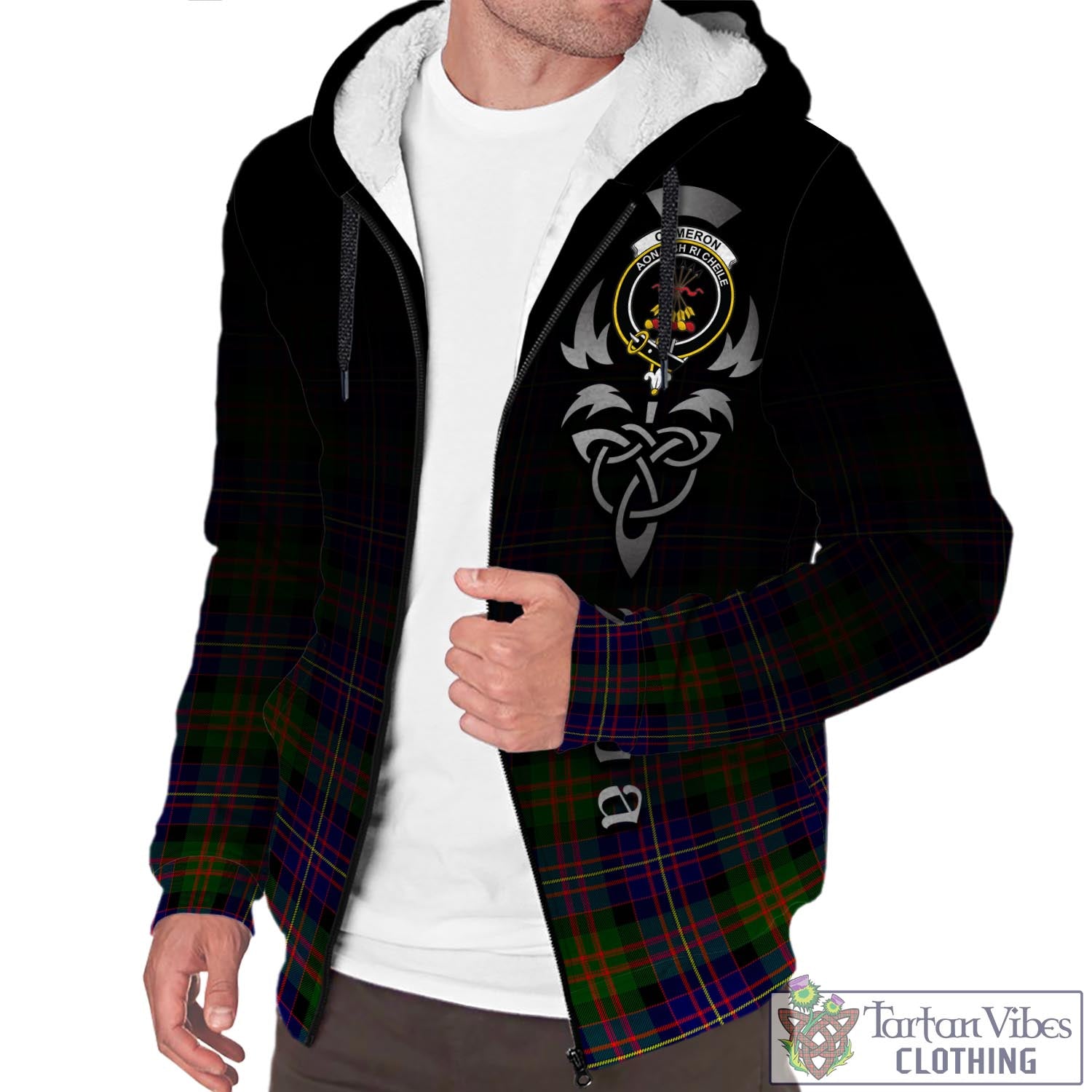 Tartan Vibes Clothing Cameron of Erracht Modern Tartan Sherpa Hoodie Featuring Alba Gu Brath Family Crest Celtic Inspired