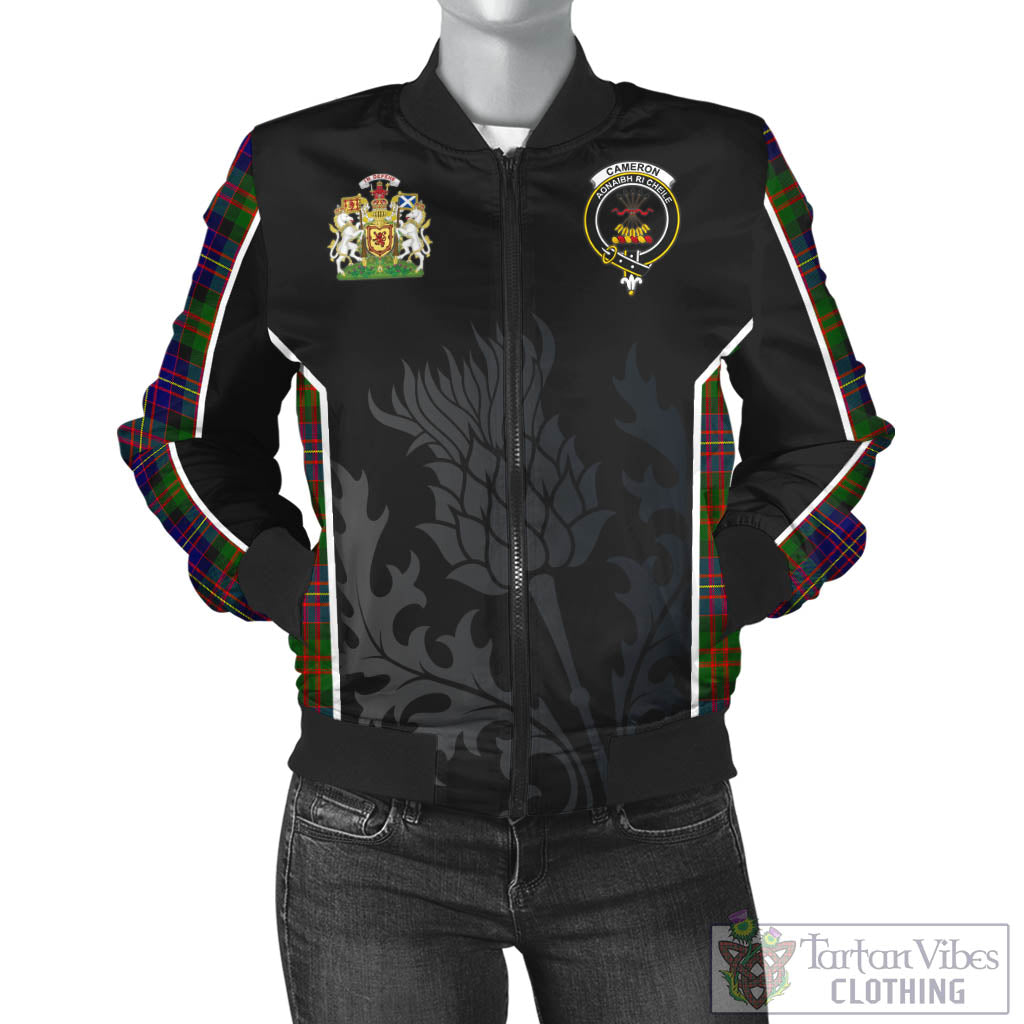 Tartan Vibes Clothing Cameron of Erracht Modern Tartan Bomber Jacket with Family Crest and Scottish Thistle Vibes Sport Style