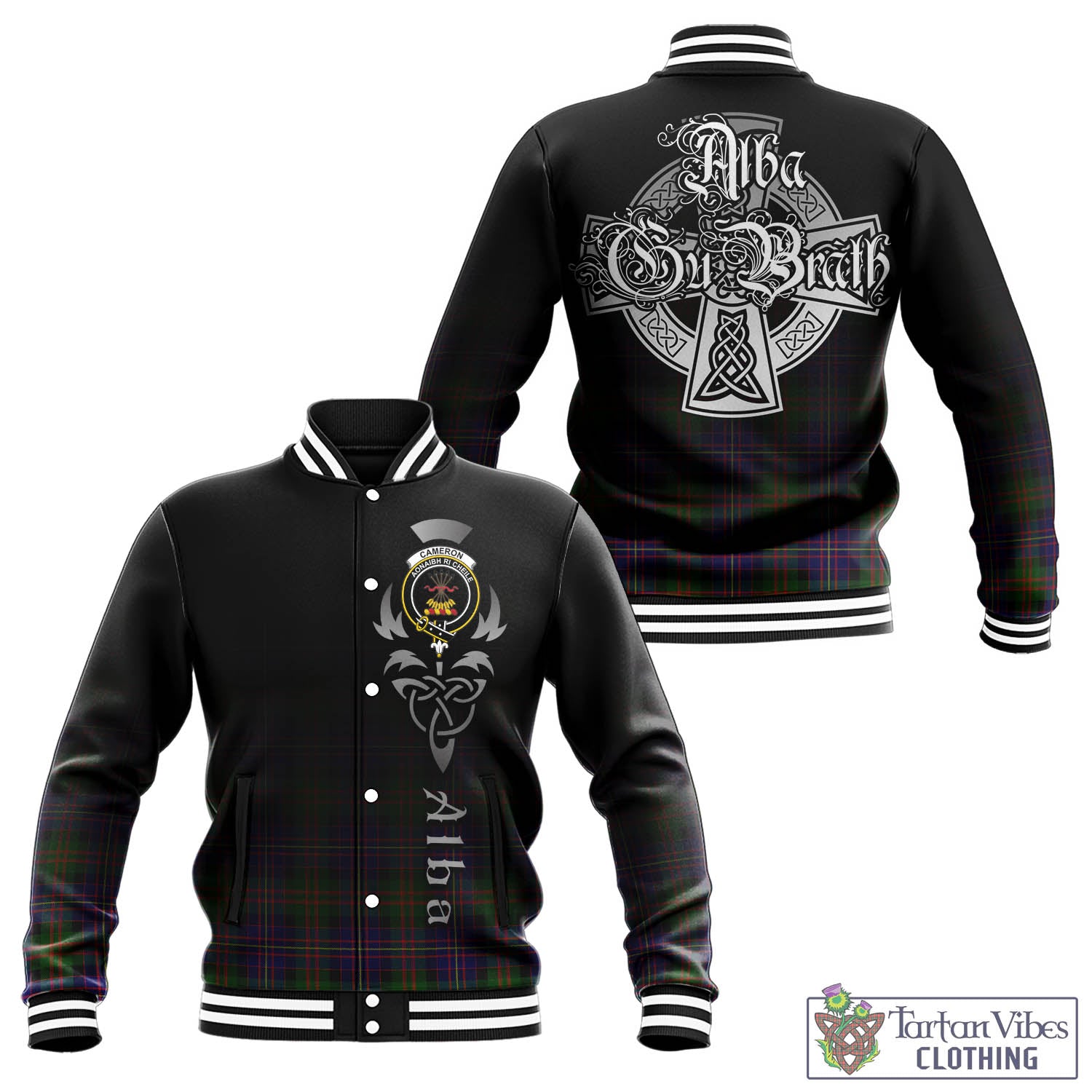 Tartan Vibes Clothing Cameron of Erracht Modern Tartan Baseball Jacket Featuring Alba Gu Brath Family Crest Celtic Inspired