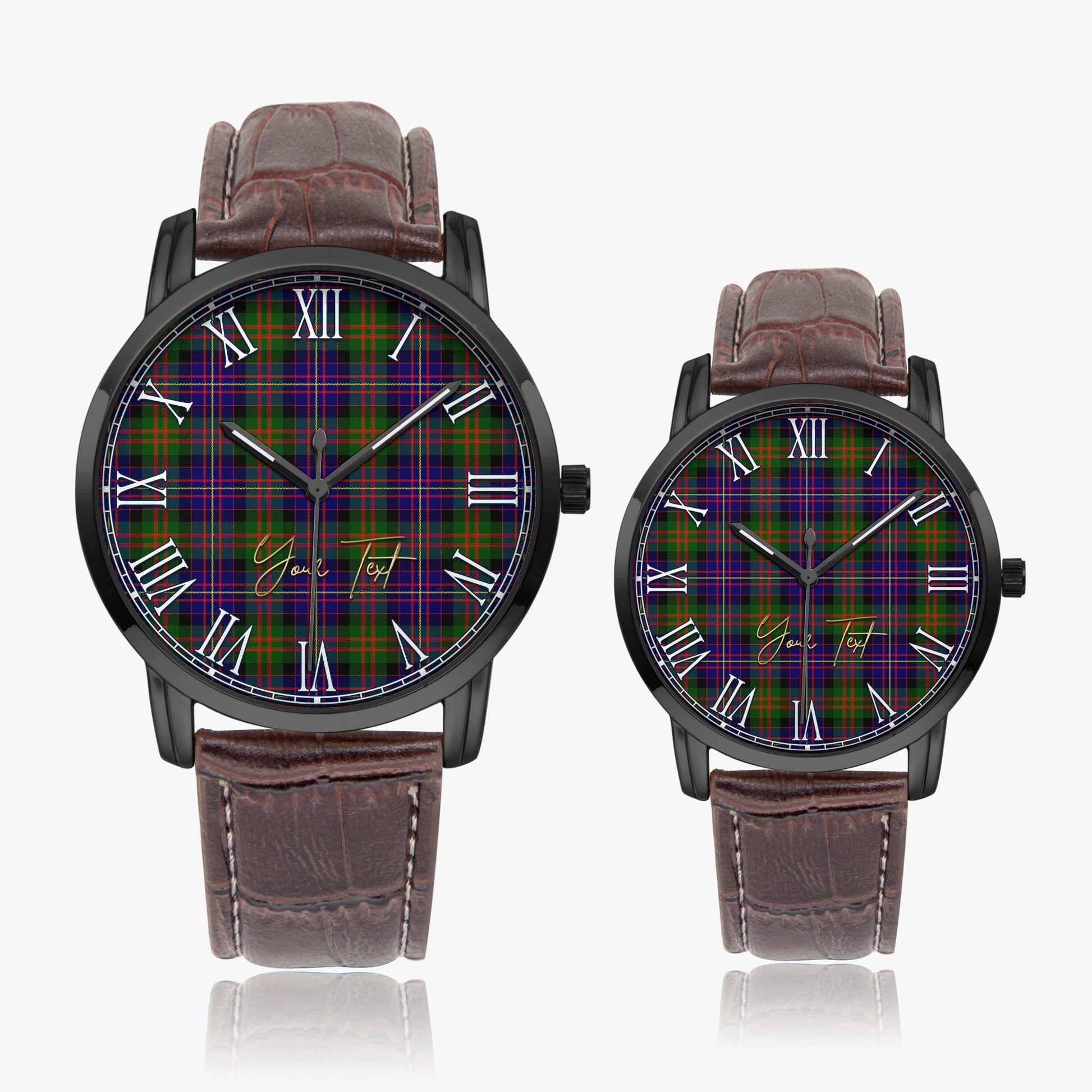 Cameron of Erracht Modern Tartan Personalized Your Text Leather Trap Quartz Watch Wide Type Black Case With Brown Leather Strap - Tartanvibesclothing