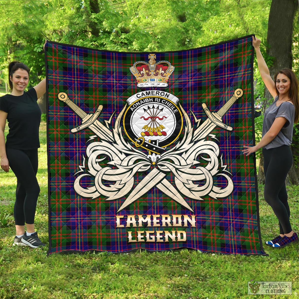 Tartan Vibes Clothing Cameron of Erracht Modern Tartan Quilt with Clan Crest and the Golden Sword of Courageous Legacy