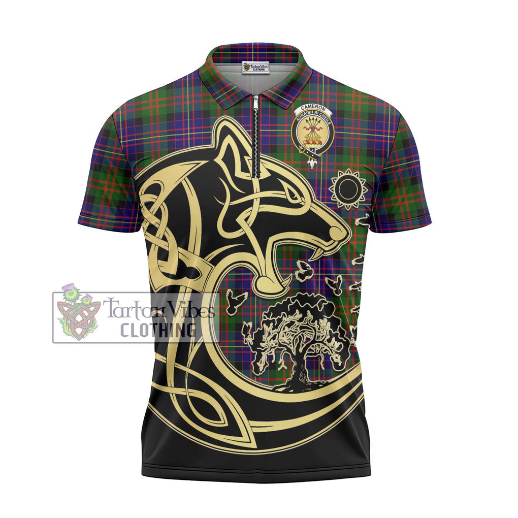 Cameron of Erracht Modern Tartan Zipper Polo Shirt with Family Crest Celtic Wolf Style - Tartanvibesclothing Shop