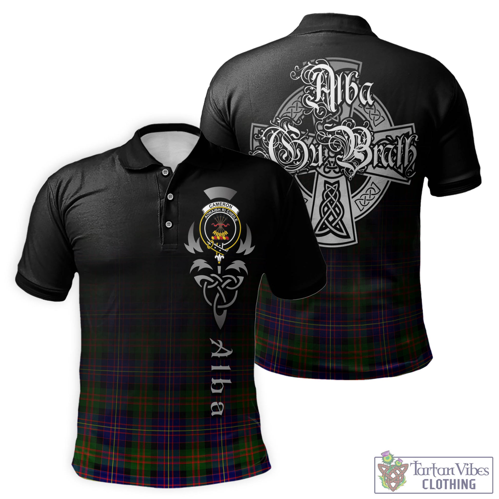 Tartan Vibes Clothing Cameron of Erracht Modern Tartan Polo Shirt Featuring Alba Gu Brath Family Crest Celtic Inspired