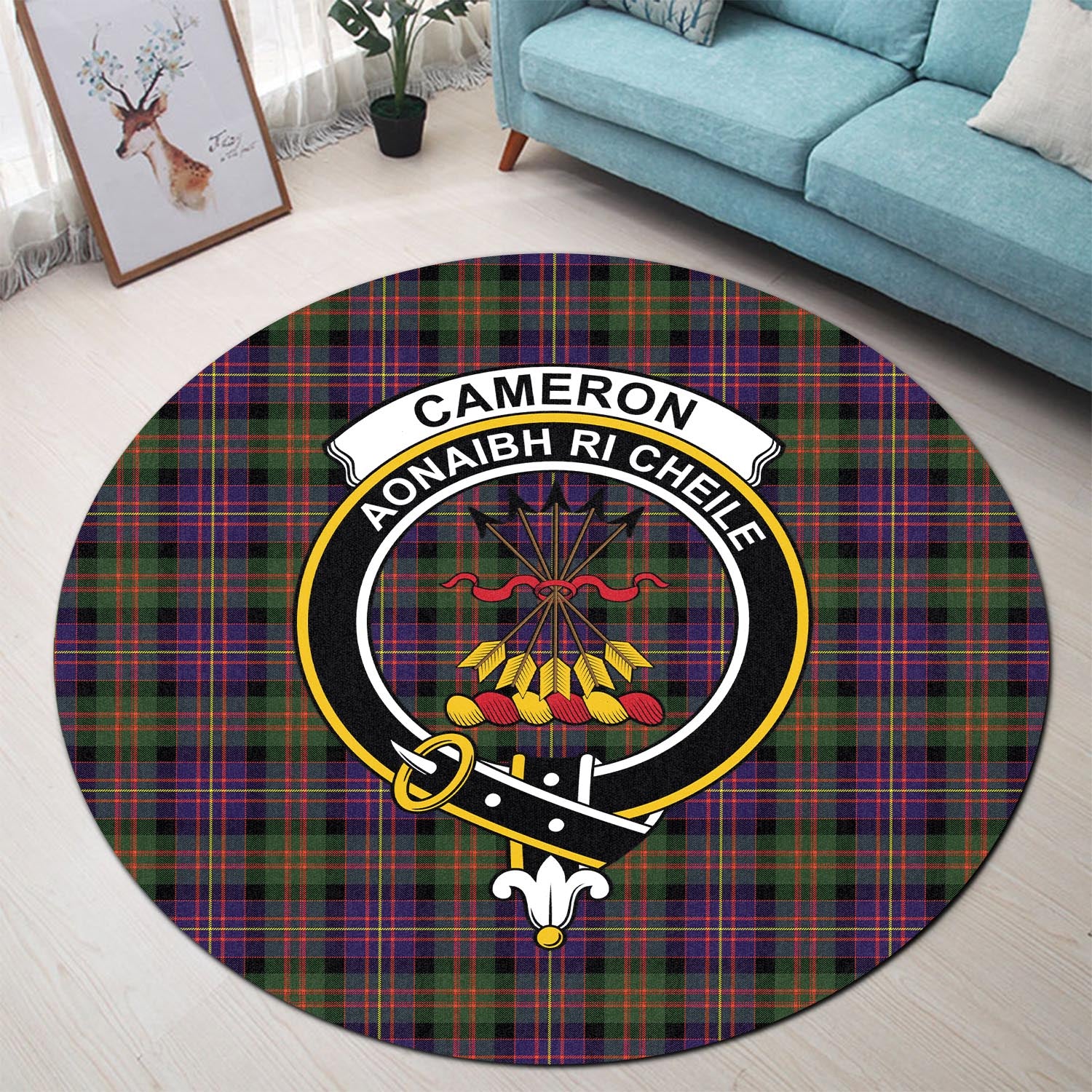 Cameron of Erracht Modern Tartan Round Rug with Family Crest - Tartanvibesclothing