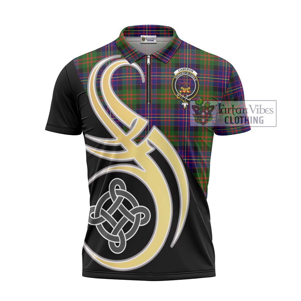 Tartan Vibes Clothing Cameron of Erracht Modern Tartan Zipper Polo Shirt with Family Crest and Celtic Symbol Style