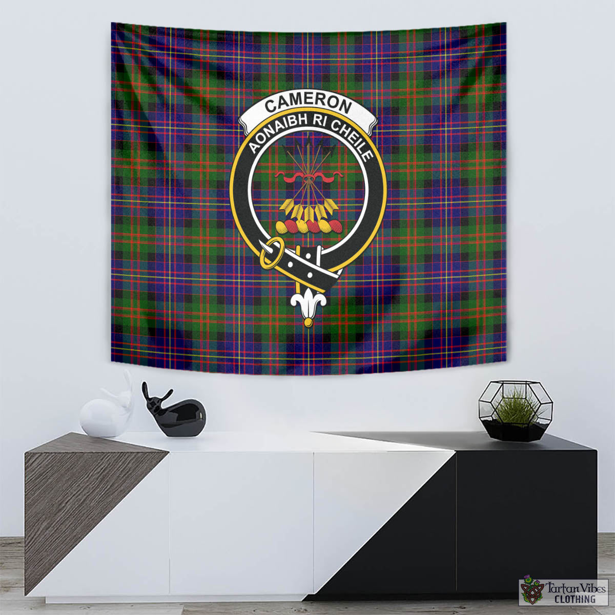 Tartan Vibes Clothing Cameron of Erracht Modern Tartan Tapestry Wall Hanging and Home Decor for Room with Family Crest