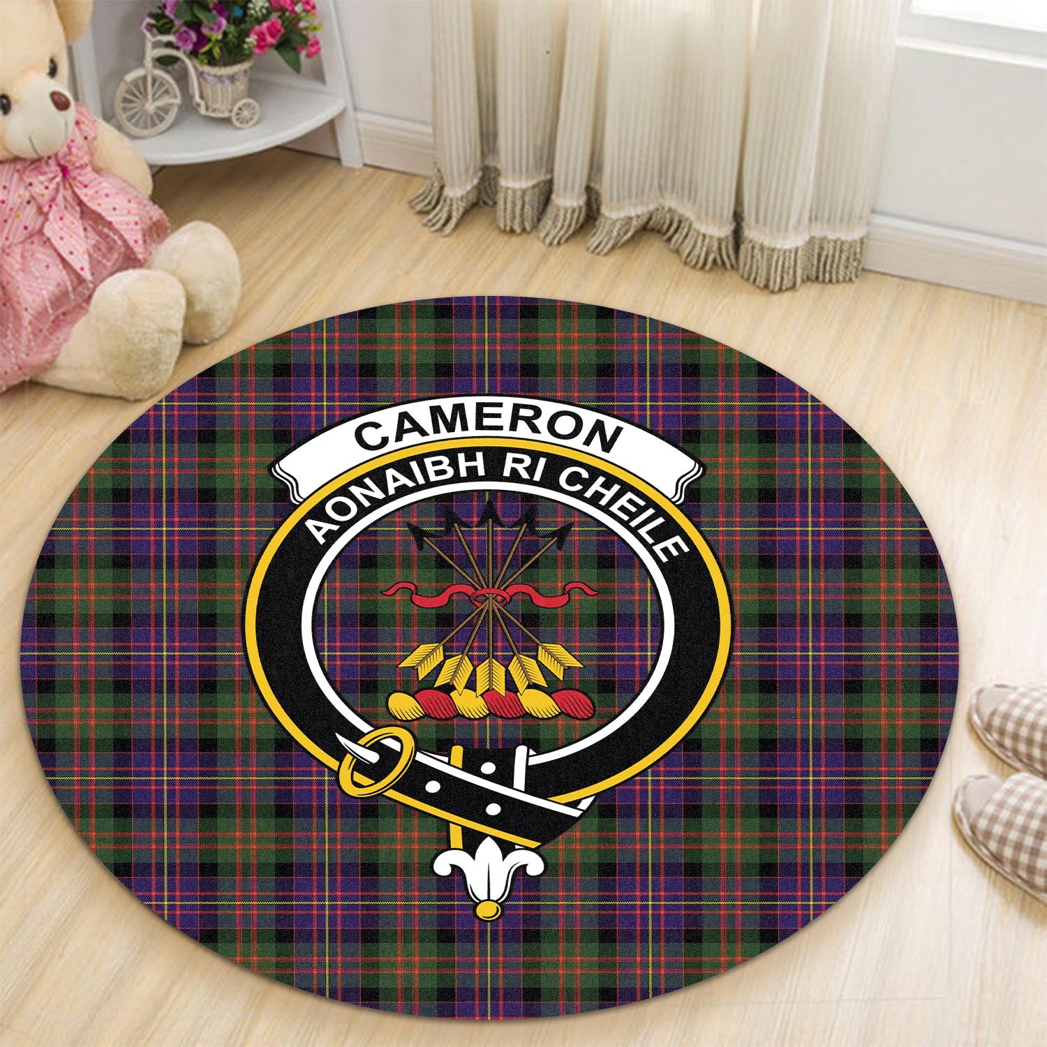 Cameron of Erracht Modern Tartan Round Rug with Family Crest - Tartanvibesclothing