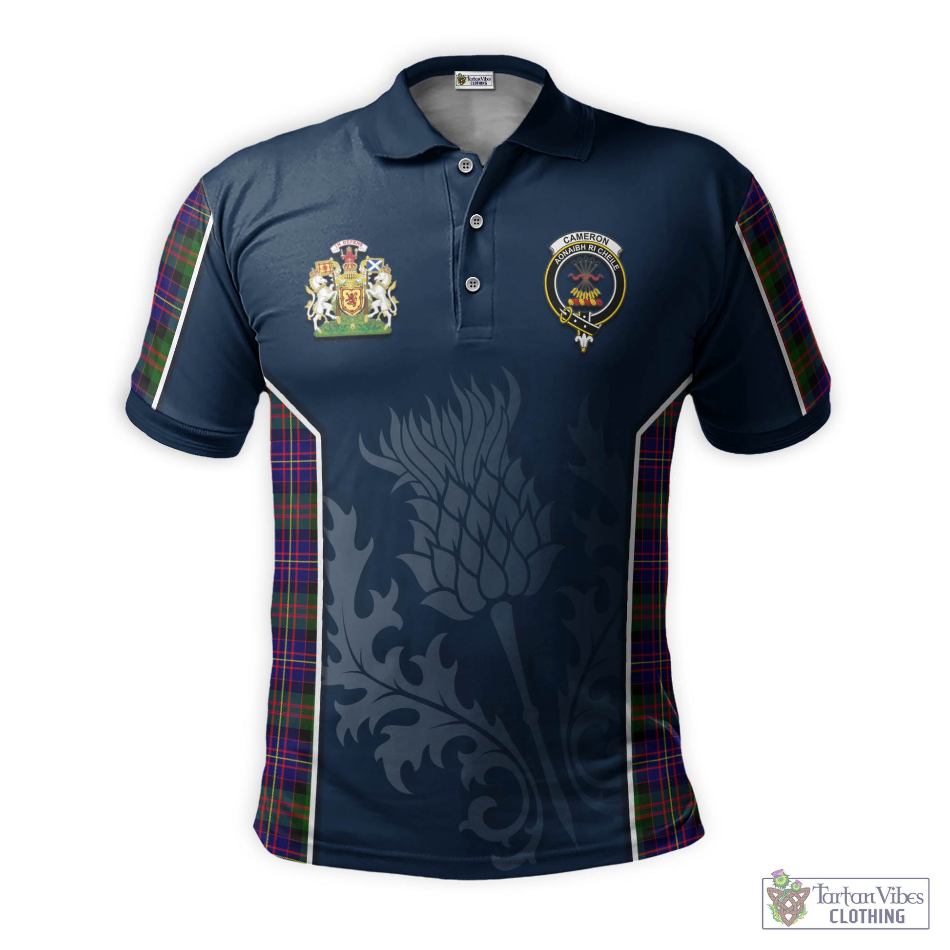 Tartan Vibes Clothing Cameron of Erracht Modern Tartan Men's Polo Shirt with Family Crest and Scottish Thistle Vibes Sport Style