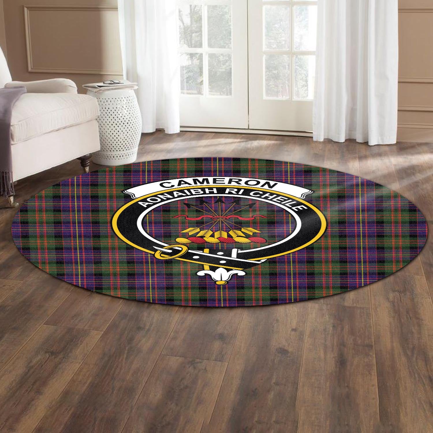 Cameron of Erracht Modern Tartan Round Rug with Family Crest - Tartanvibesclothing