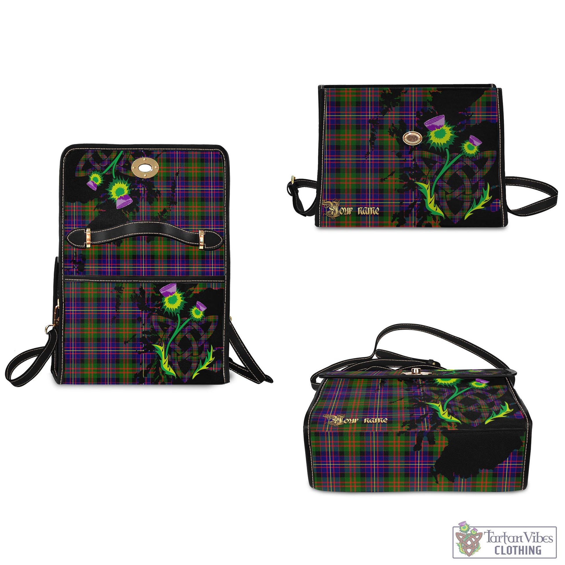 Tartan Vibes Clothing Cameron of Erracht Modern Tartan Waterproof Canvas Bag with Scotland Map and Thistle Celtic Accents