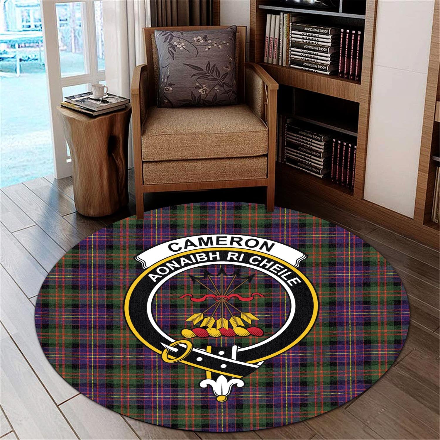 Cameron of Erracht Modern Tartan Round Rug with Family Crest - Tartanvibesclothing