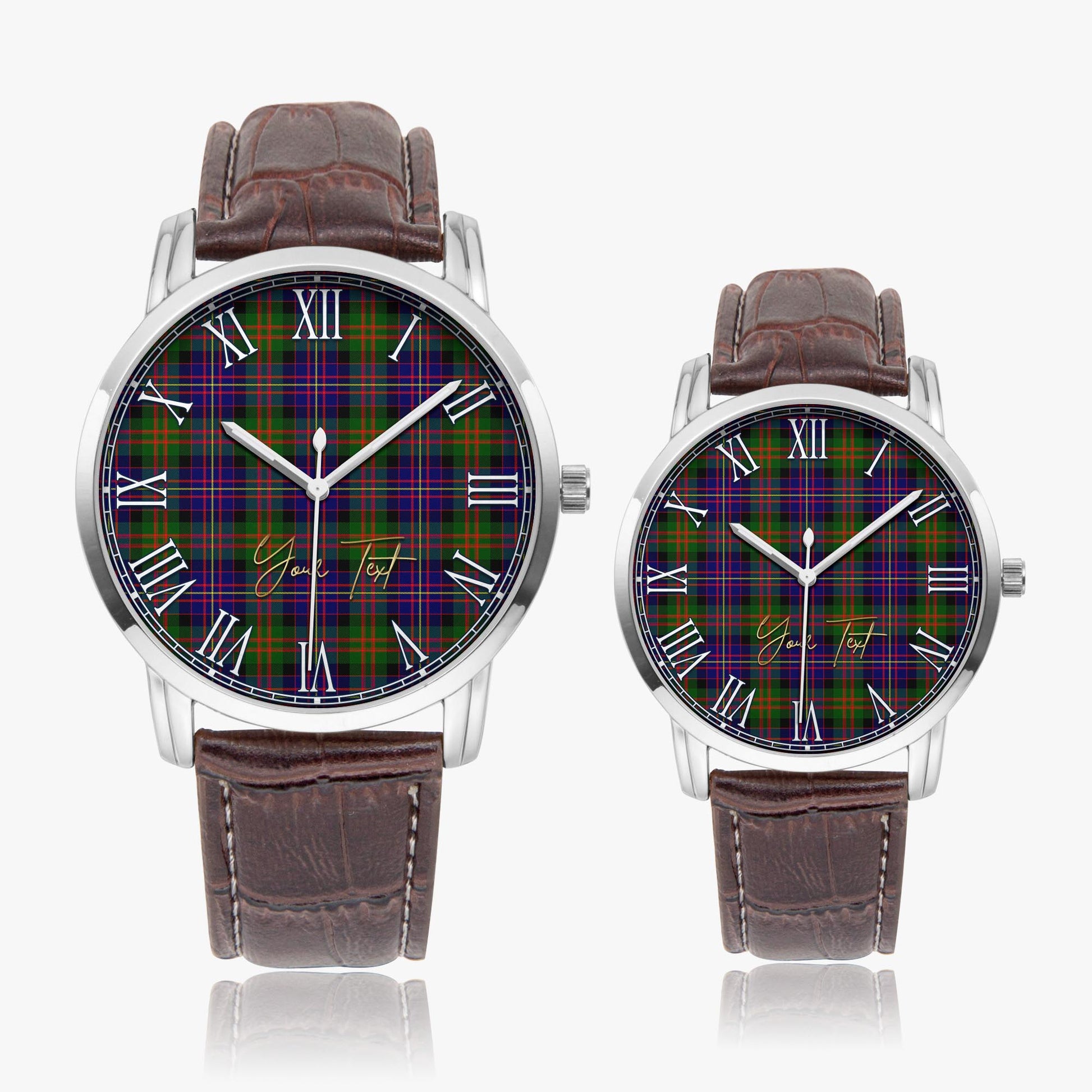 Cameron of Erracht Modern Tartan Personalized Your Text Leather Trap Quartz Watch Wide Type Silver Case With Brown Leather Strap - Tartanvibesclothing